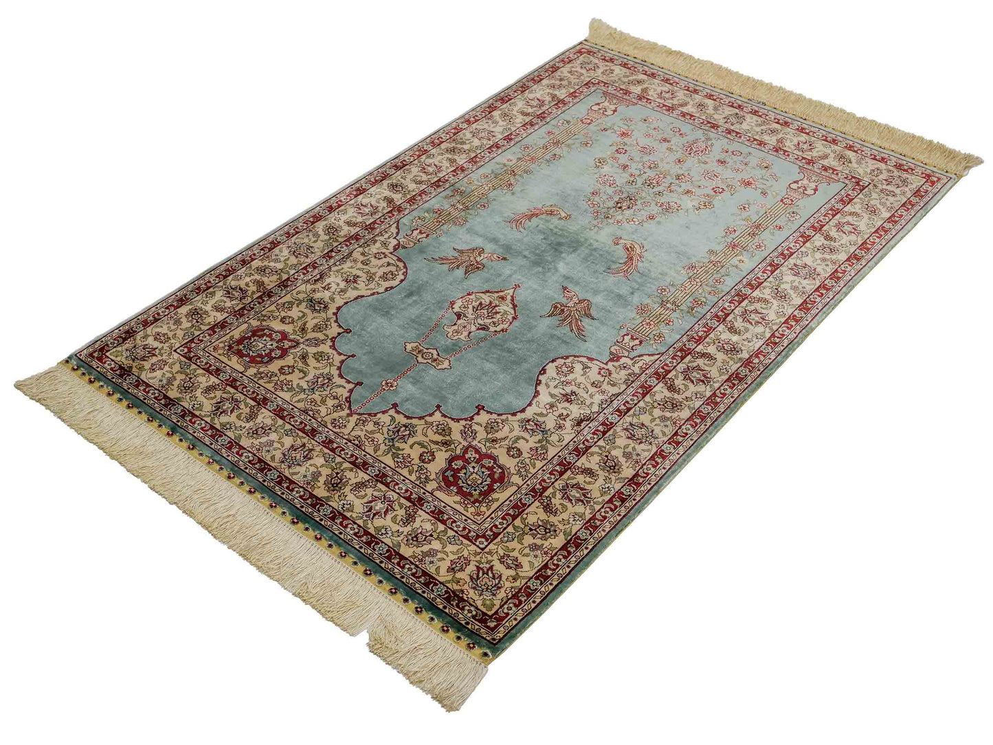 Sehr feiner, handgeknüpfter Khademi Orientteppich mit Hereke Design aus reiner Seide, blau, creme. 124x78 cm. Vertrieb durch Jupiter Intl.