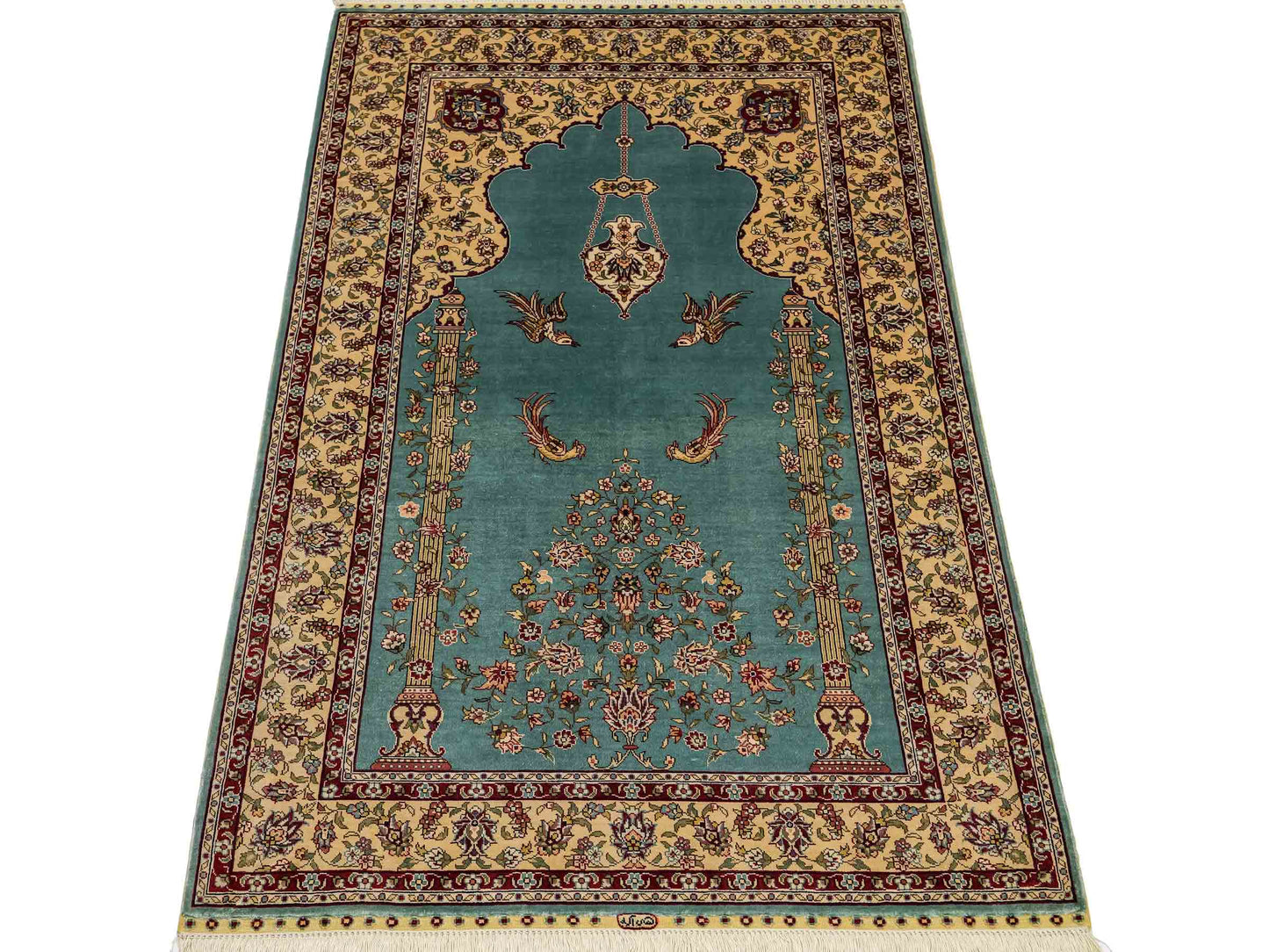 Sehr feiner, handgeknüpfter Khademi Orientteppich mit Hereke Design aus reiner Seide, blau, creme. 124x78 cm. Vertrieb durch Jupiter Intl.