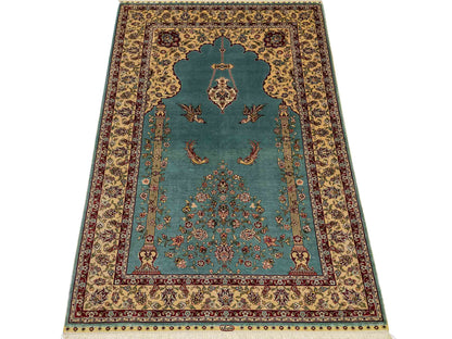 Sehr feiner, handgeknüpfter Khademi Orientteppich mit Hereke Design aus reiner Seide, blau, creme. 124x78 cm. Vertrieb durch Jupiter Intl.