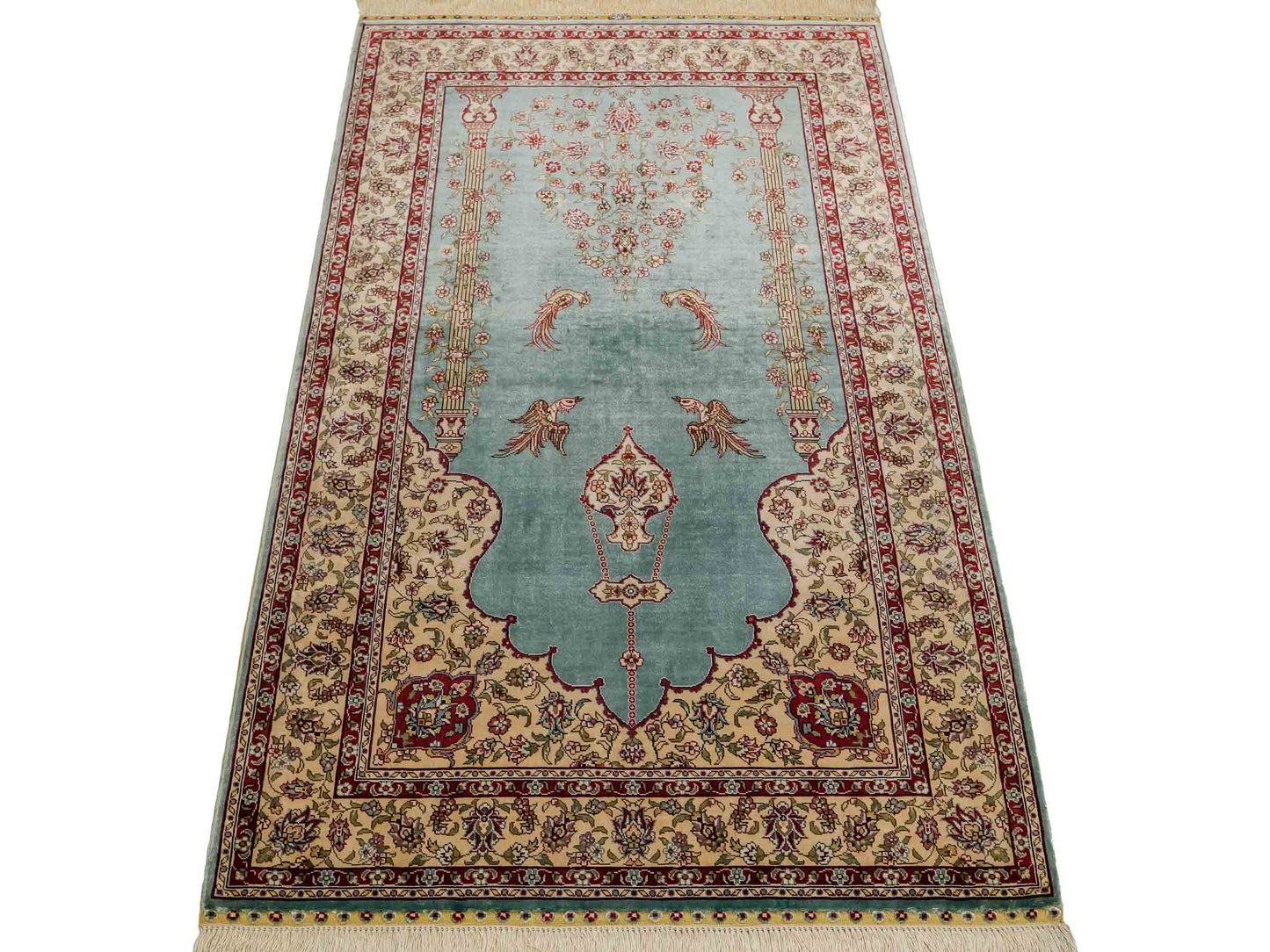 Sehr feiner, handgeknüpfter Khademi Orientteppich mit Hereke Design aus reiner Seide, blau, creme. 124x78 cm. Vertrieb durch Jupiter Intl.