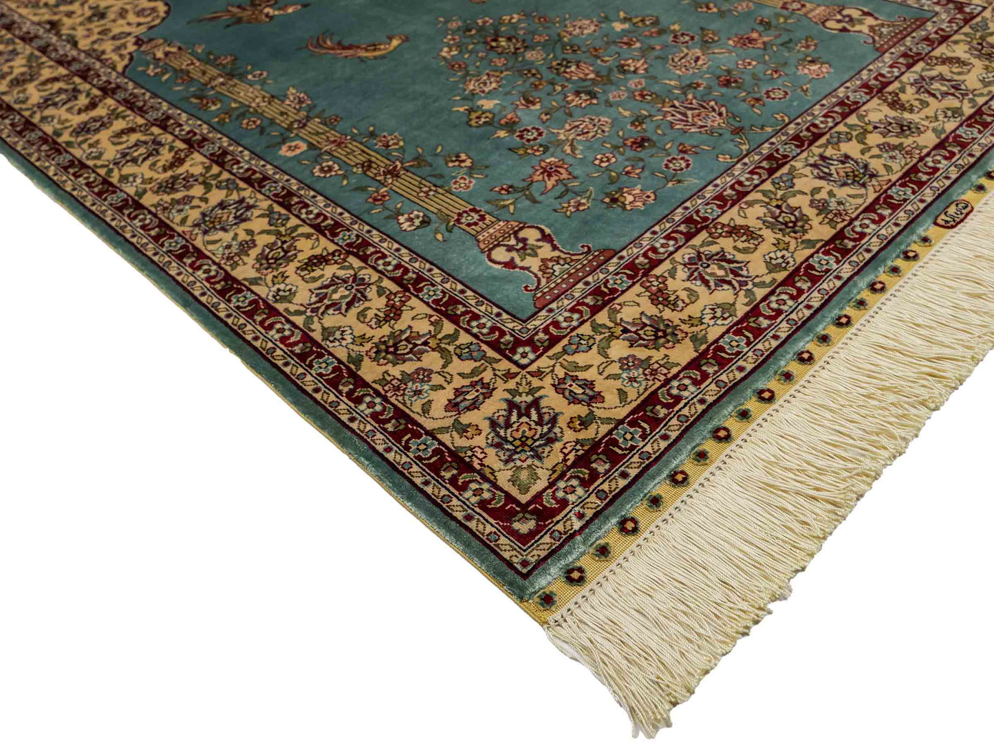 Sehr feiner, handgeknüpfter Khademi Orientteppich mit Hereke Design aus reiner Seide, blau, creme. 124x78 cm. Vertrieb durch Jupiter Intl.