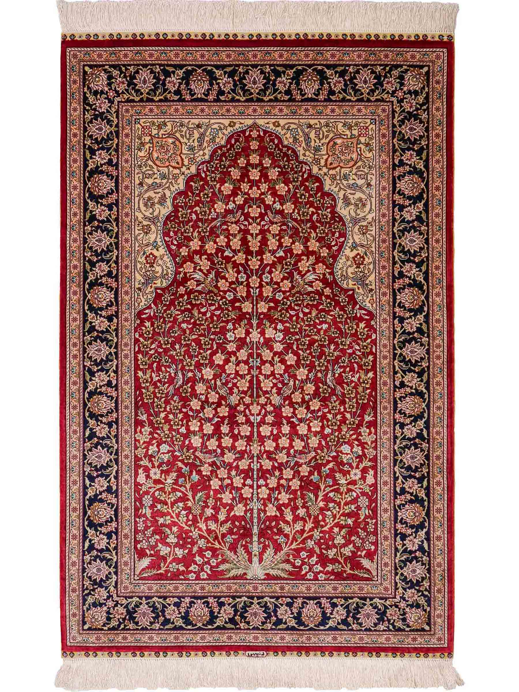 Sehr feiner, handgeknüpfter Khademi Orientteppich mit Hereke Design aus reiner Seide, rot, blau, creme. 124x79 cm. Vertrieb durch Jupiter Intl.