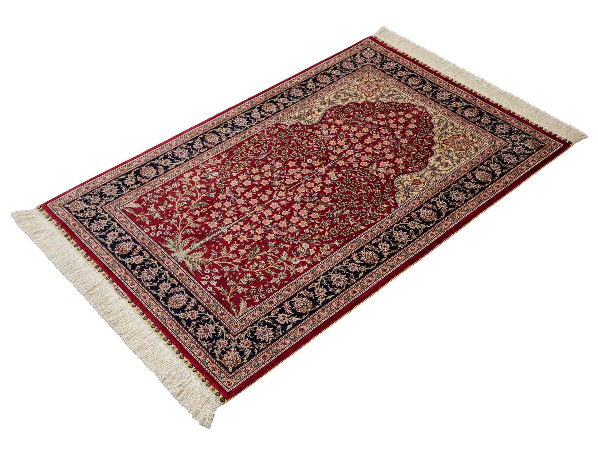 Sehr feiner, handgeknüpfter Khademi Orientteppich mit Hereke Design aus reiner Seide, rot, blau, creme. 124x79 cm. Vertrieb durch Jupiter Intl.