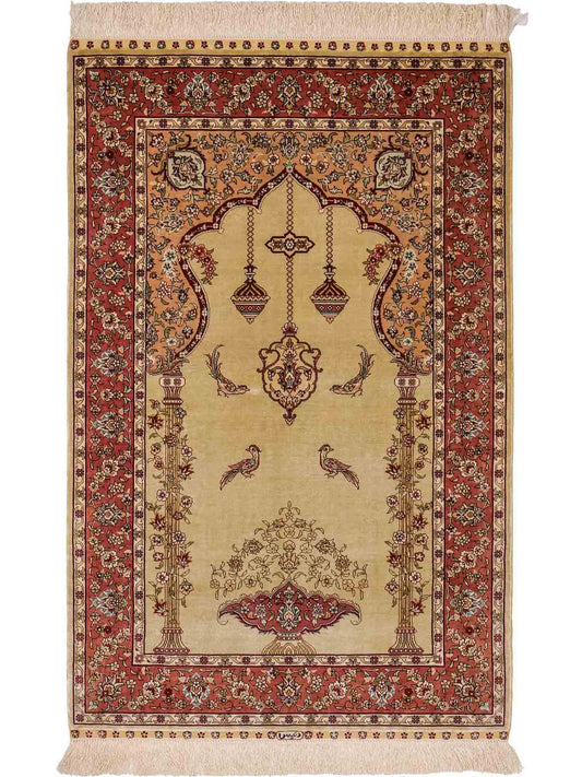 Sehr feiner, handgeknüpfter Khademi Orientteppich mit Hereke Design aus reiner Seide, rosa, grün. 124x79 cm. Vertrieb durch Jupiter Intl.