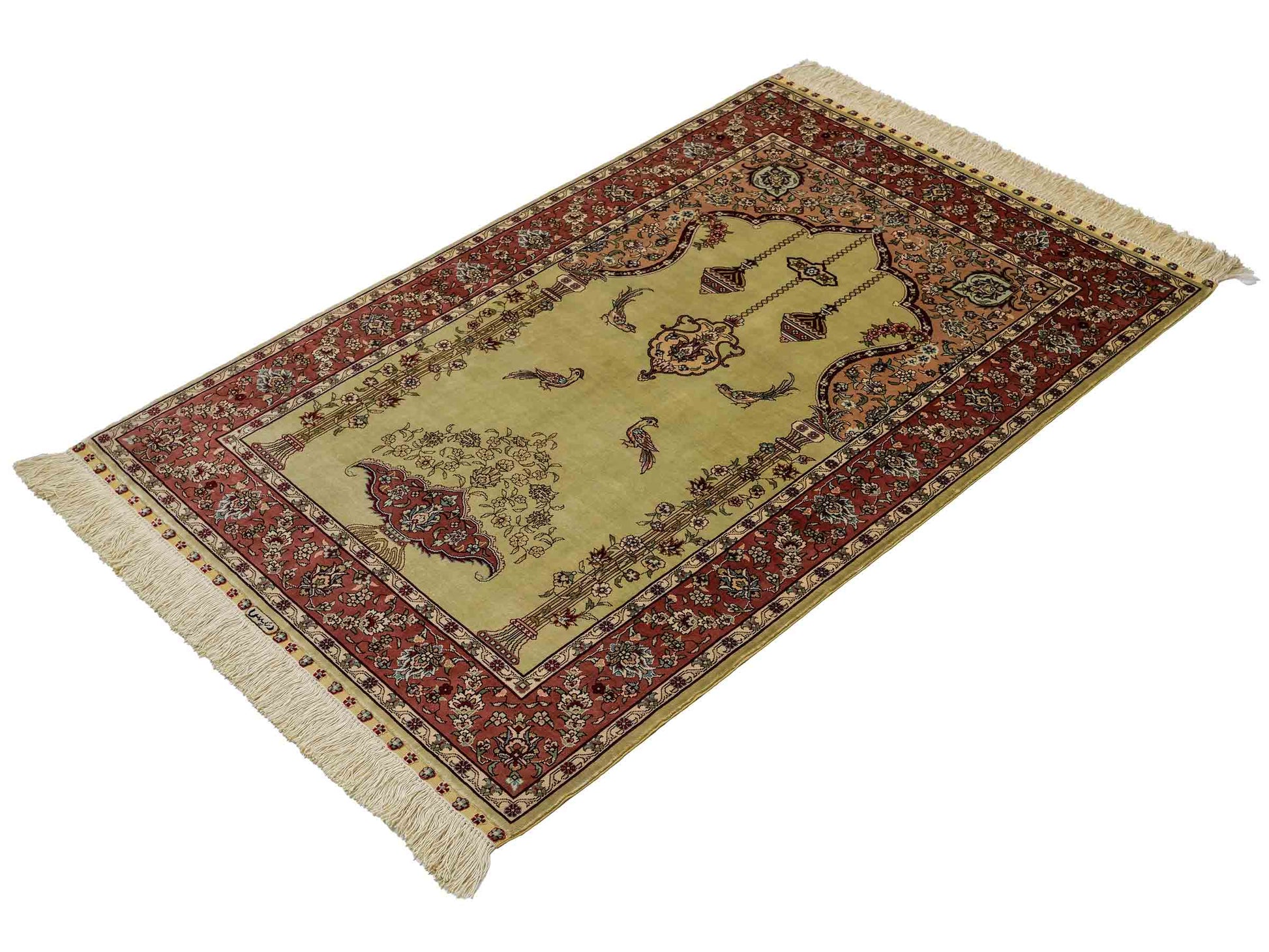 Sehr feiner, handgeknüpfter Khademi Orientteppich mit Hereke Design aus reiner Seide, rosa, grün. 124x79 cm. Vertrieb durch Jupiter Intl.
