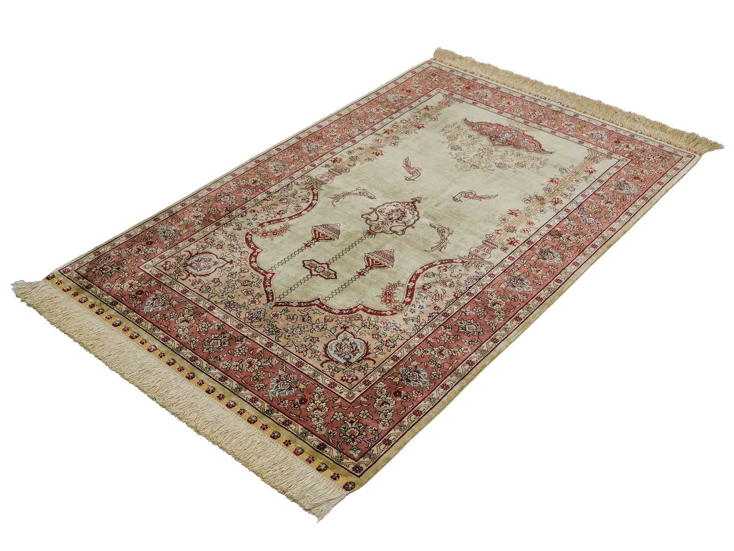 Sehr feiner, handgeknüpfter Khademi Orientteppich mit Hereke Design aus reiner Seide, rosa, grün. 124x79 cm. Vertrieb durch Jupiter Intl.
