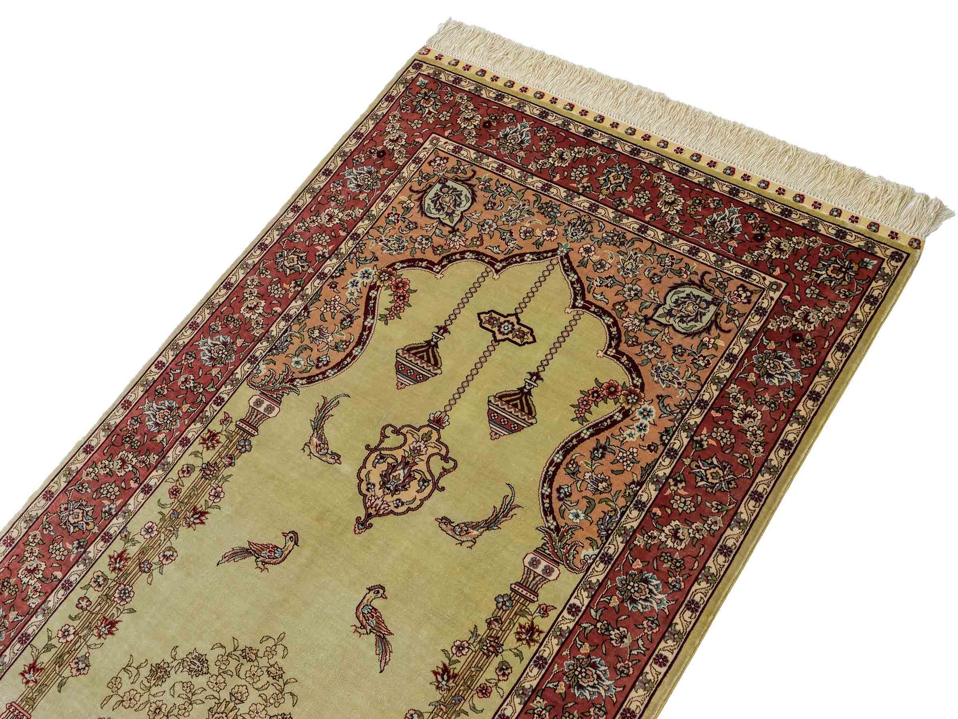 Sehr feiner, handgeknüpfter Khademi Orientteppich mit Hereke Design aus reiner Seide, rosa, grün. 124x79 cm. Vertrieb durch Jupiter Intl.