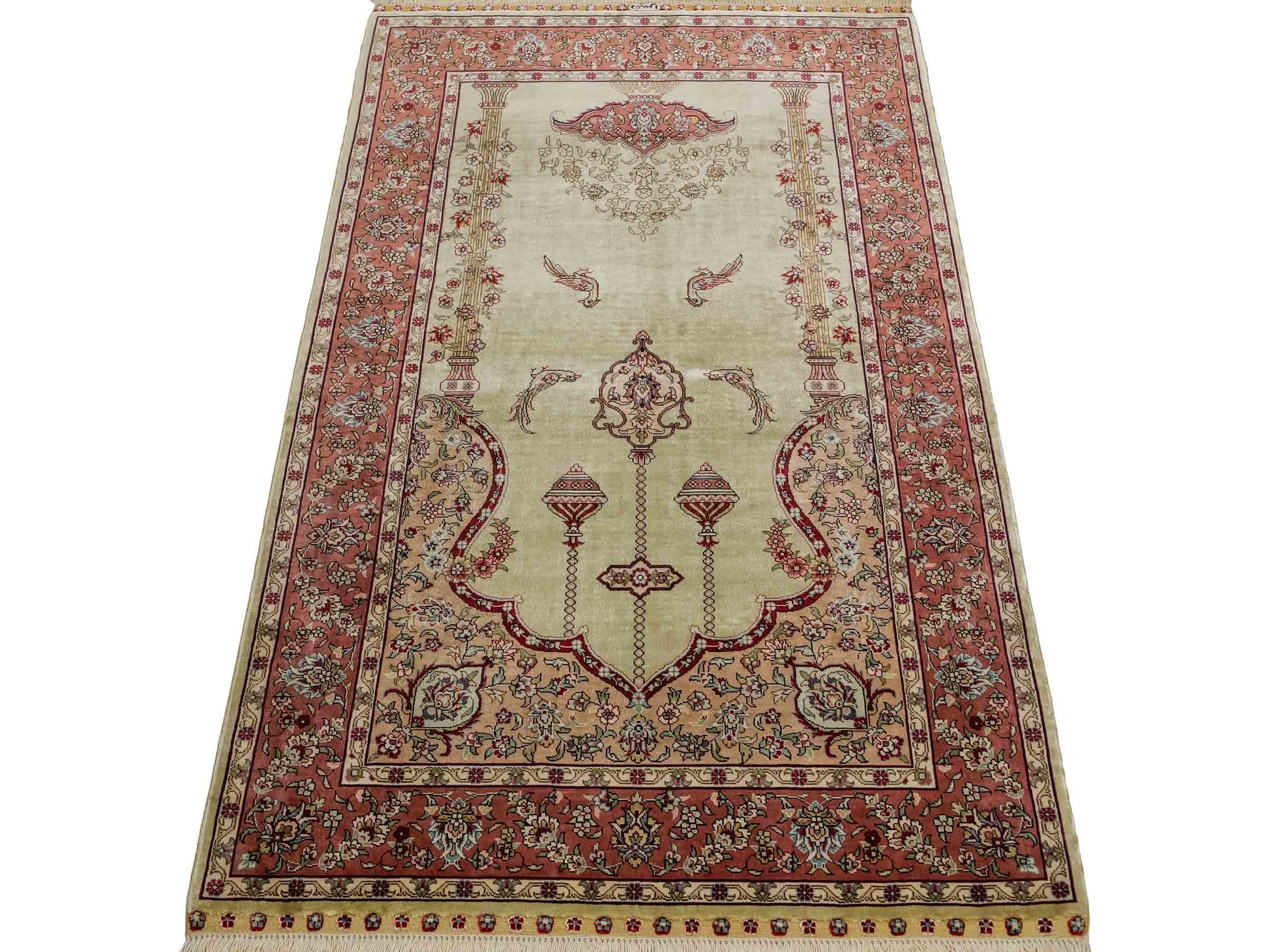Sehr feiner, handgeknüpfter Khademi Orientteppich mit Hereke Design aus reiner Seide, rosa, grün. 124x79 cm. Vertrieb durch Jupiter Intl.