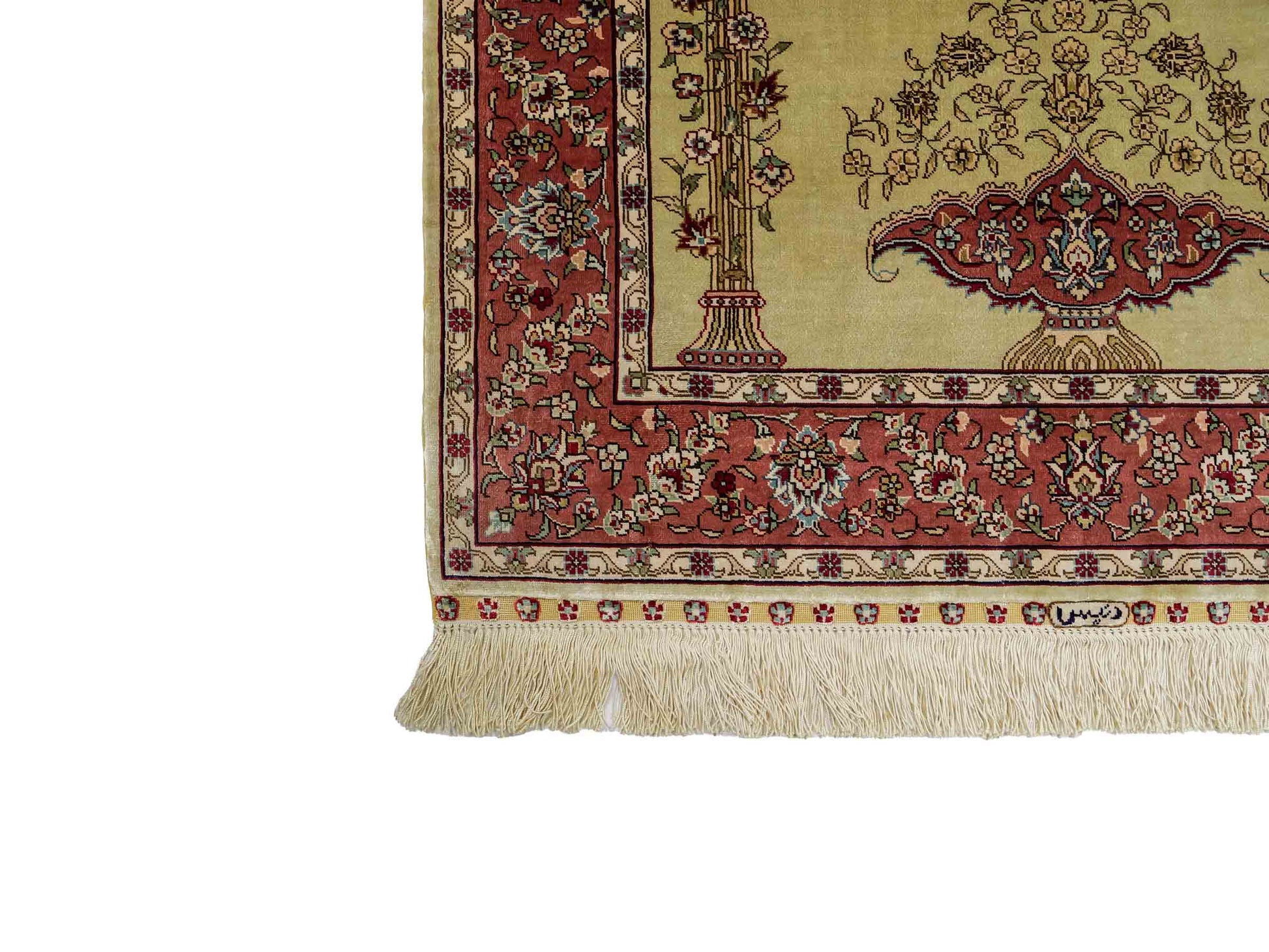 Sehr feiner, handgeknüpfter Khademi Orientteppich mit Hereke Design aus reiner Seide, rosa, grün. 124x79 cm. Vertrieb durch Jupiter Intl.