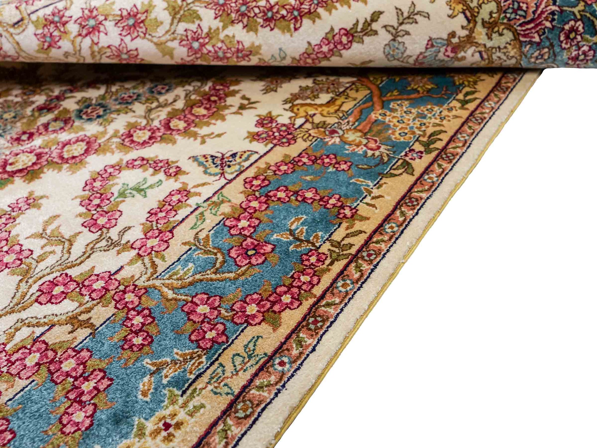 Sehr feiner, handgeknüpfter Khademi Orientteppich mit Hereke Design aus reiner Seide, creme, weiß, blau. 129x78 cm. Vertrieb durch Jupiter Intl.