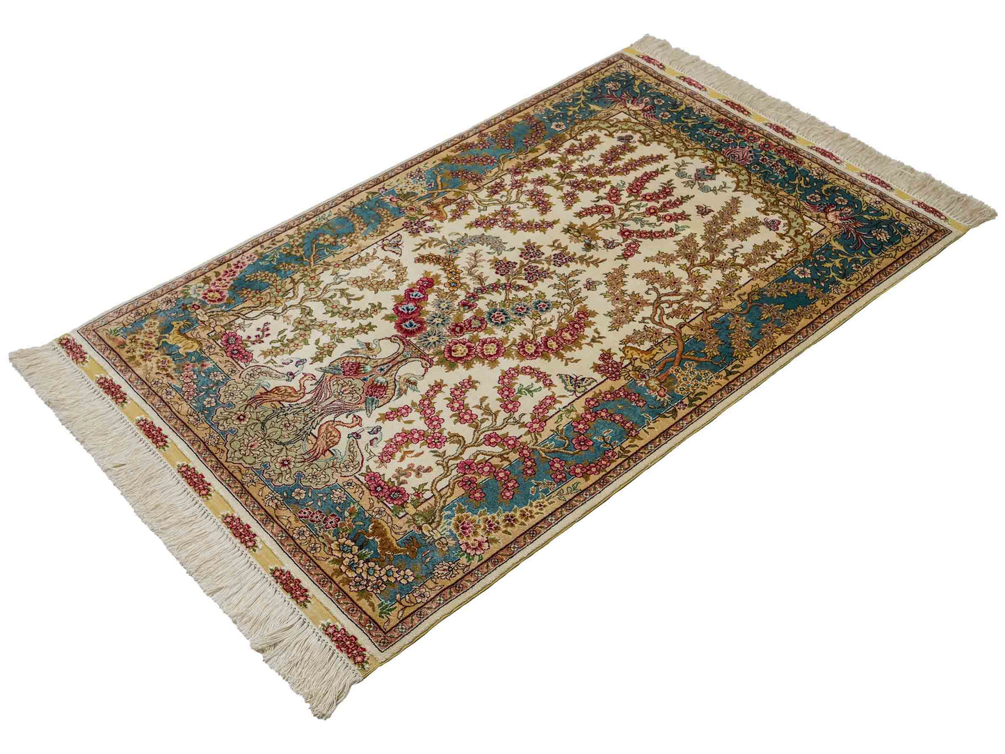 Sehr feiner, handgeknüpfter Khademi Orientteppich mit Hereke Design aus reiner Seide, creme, weiß, blau. 129x78 cm. Vertrieb durch Jupiter Intl.