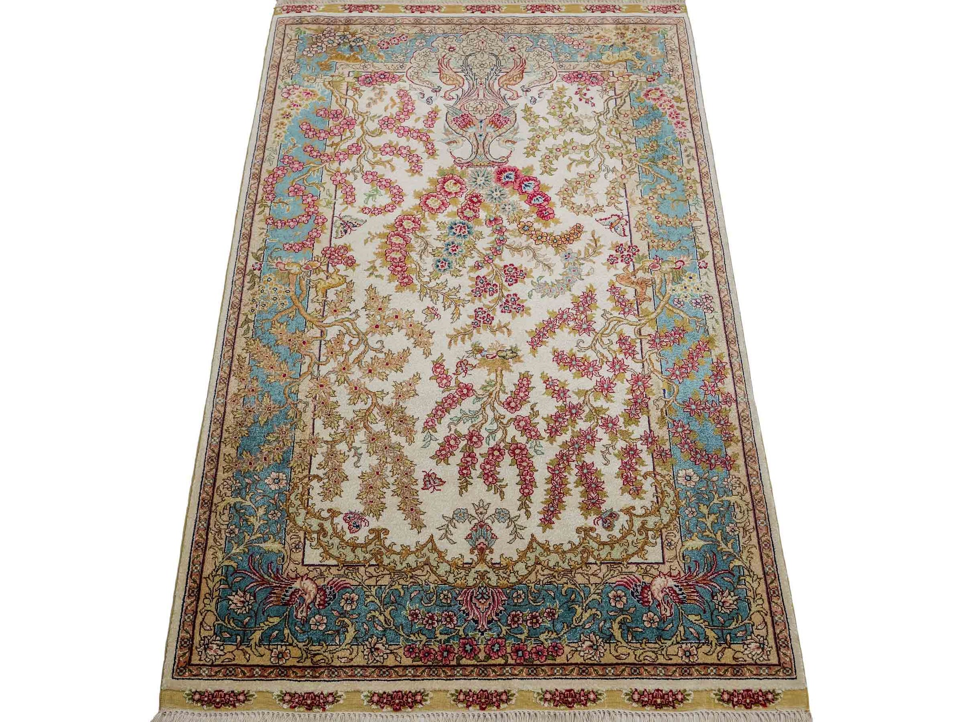 Sehr feiner, handgeknüpfter Khademi Orientteppich mit Hereke Design aus reiner Seide, creme, weiß, blau. 129x78 cm. Vertrieb durch Jupiter Intl.