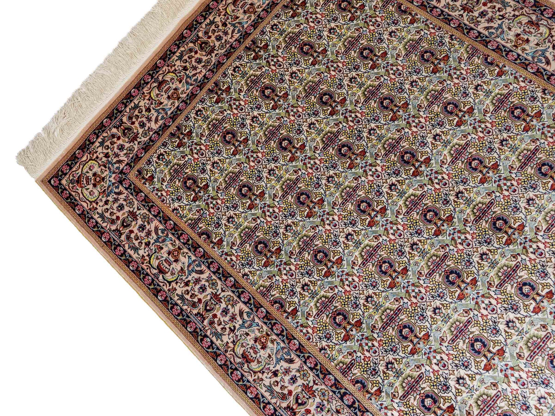 Sehr feiner, handgeknüpfter Khademi Orientteppich mit Hereke Design aus reiner Seide, weiß, creme. 154x92 cm. Vertrieb durch Jupiter Intl.