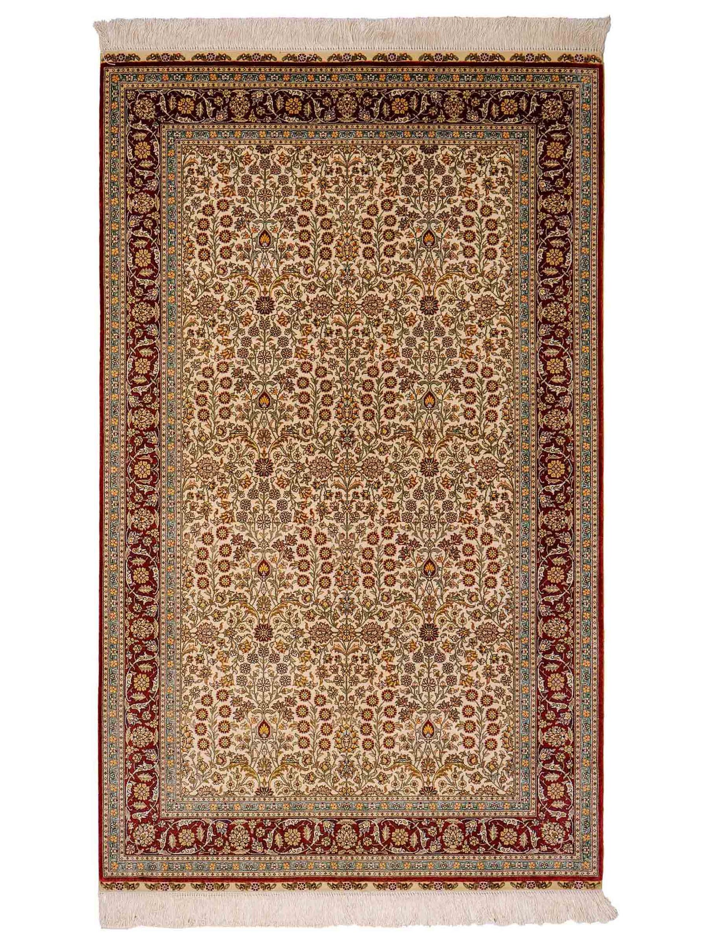 Sehr feiner, handgeknüpfter Khademi Orientteppich mit Hereke Design aus Seide, creme, rot. 154x94 cm. Vertrieb durch Jupiter Intl.