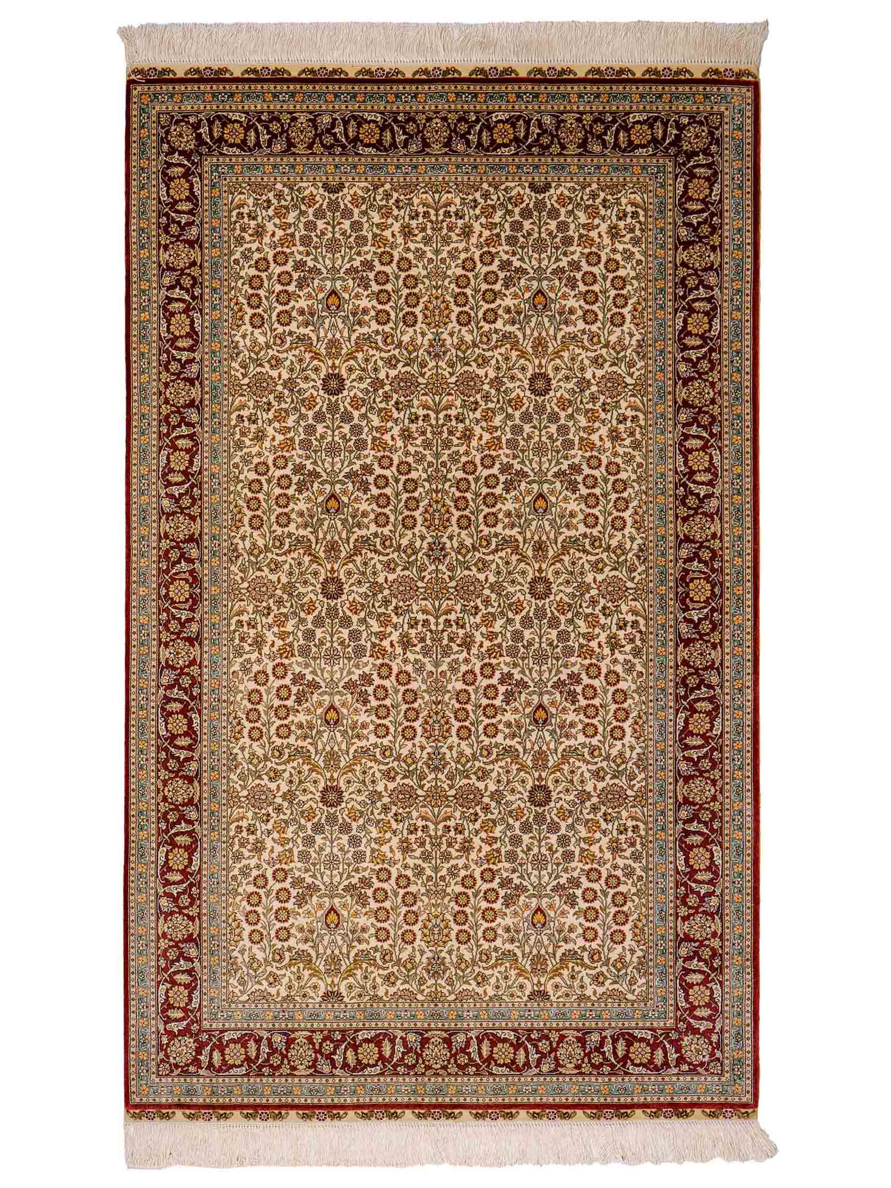 Sehr feiner, handgeknüpfter Khademi Orientteppich mit Hereke Design aus Seide, creme, rot. 154x94 cm. Vertrieb durch Jupiter Intl.