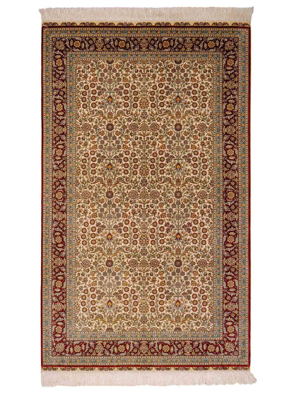 Sehr feiner, handgeknüpfter Khademi Orientteppich mit Hereke Design aus Seide, creme, rot. 154x94 cm. Vertrieb durch Jupiter Intl.