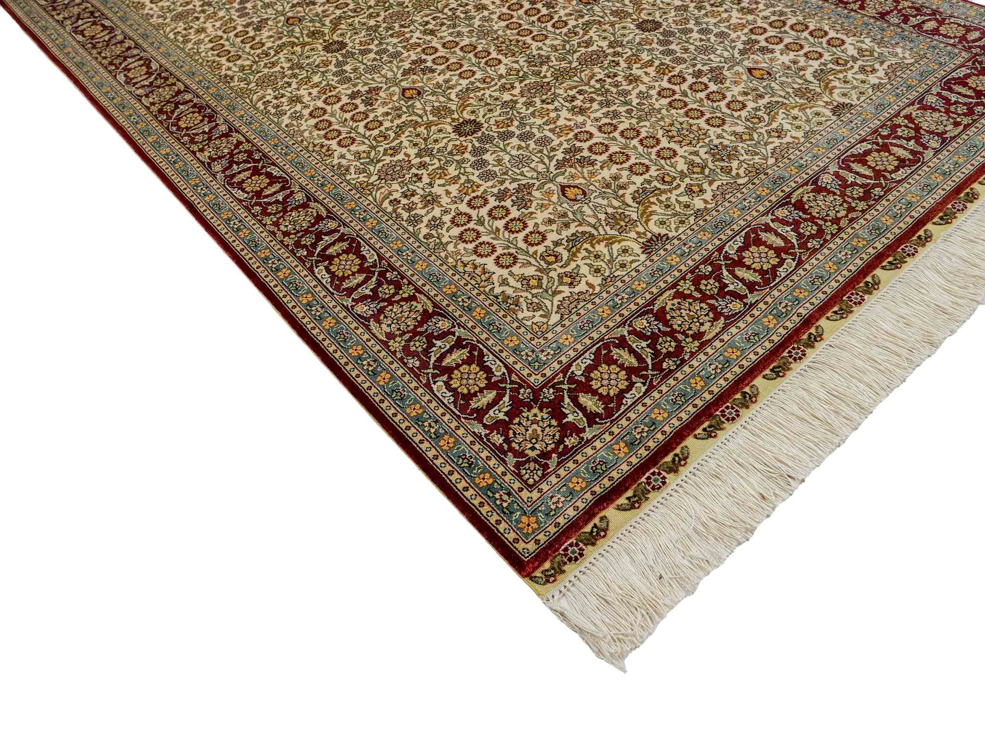 Sehr feiner, handgeknüpfter Khademi Orientteppich mit Hereke Design aus Seide, creme, rot. 154x94 cm. Vertrieb durch Jupiter Intl.
