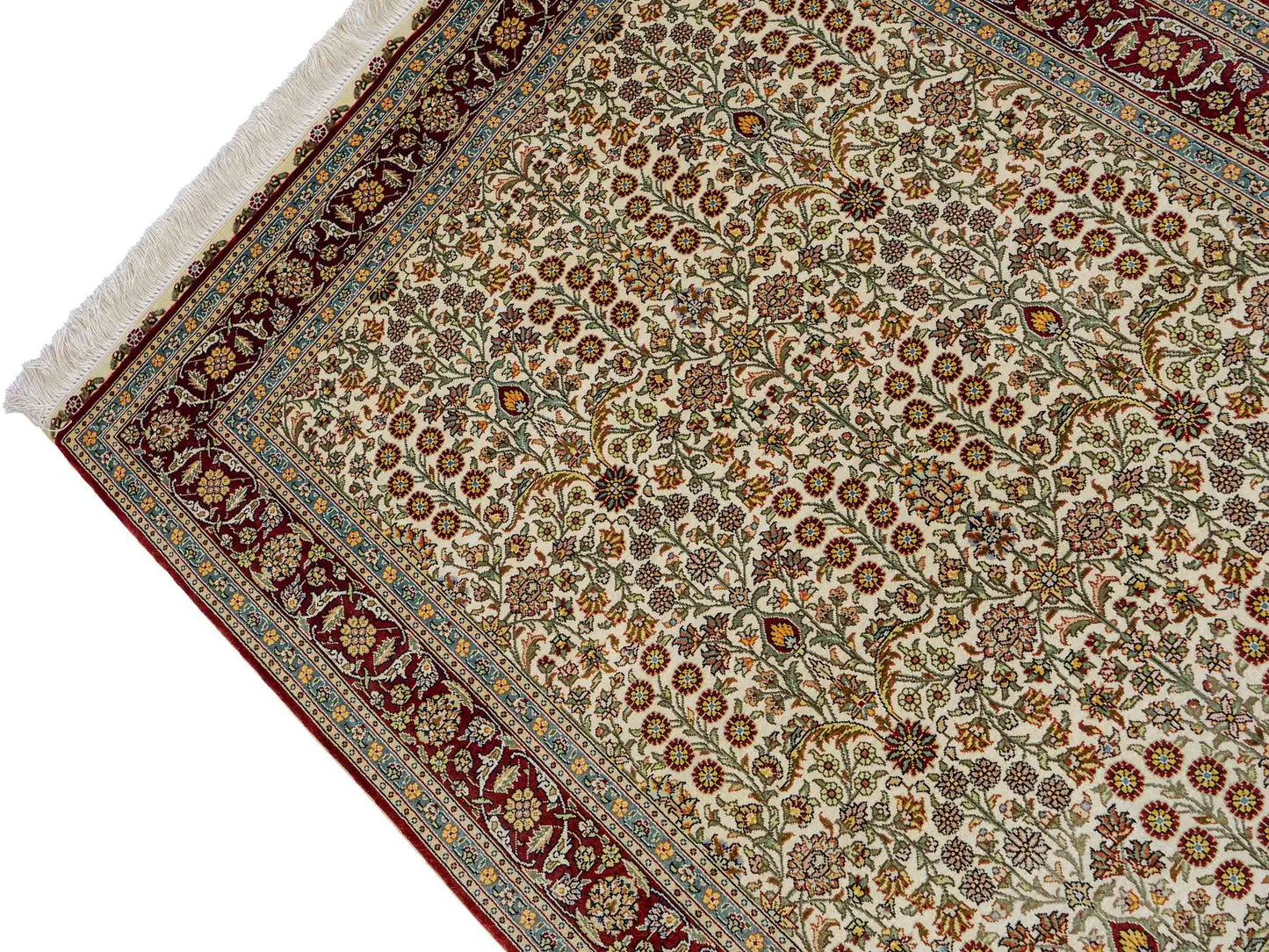 Sehr feiner, handgeknüpfter Khademi Orientteppich mit Hereke Design aus Seide, creme, rot. 154x94 cm. Vertrieb durch Jupiter Intl.