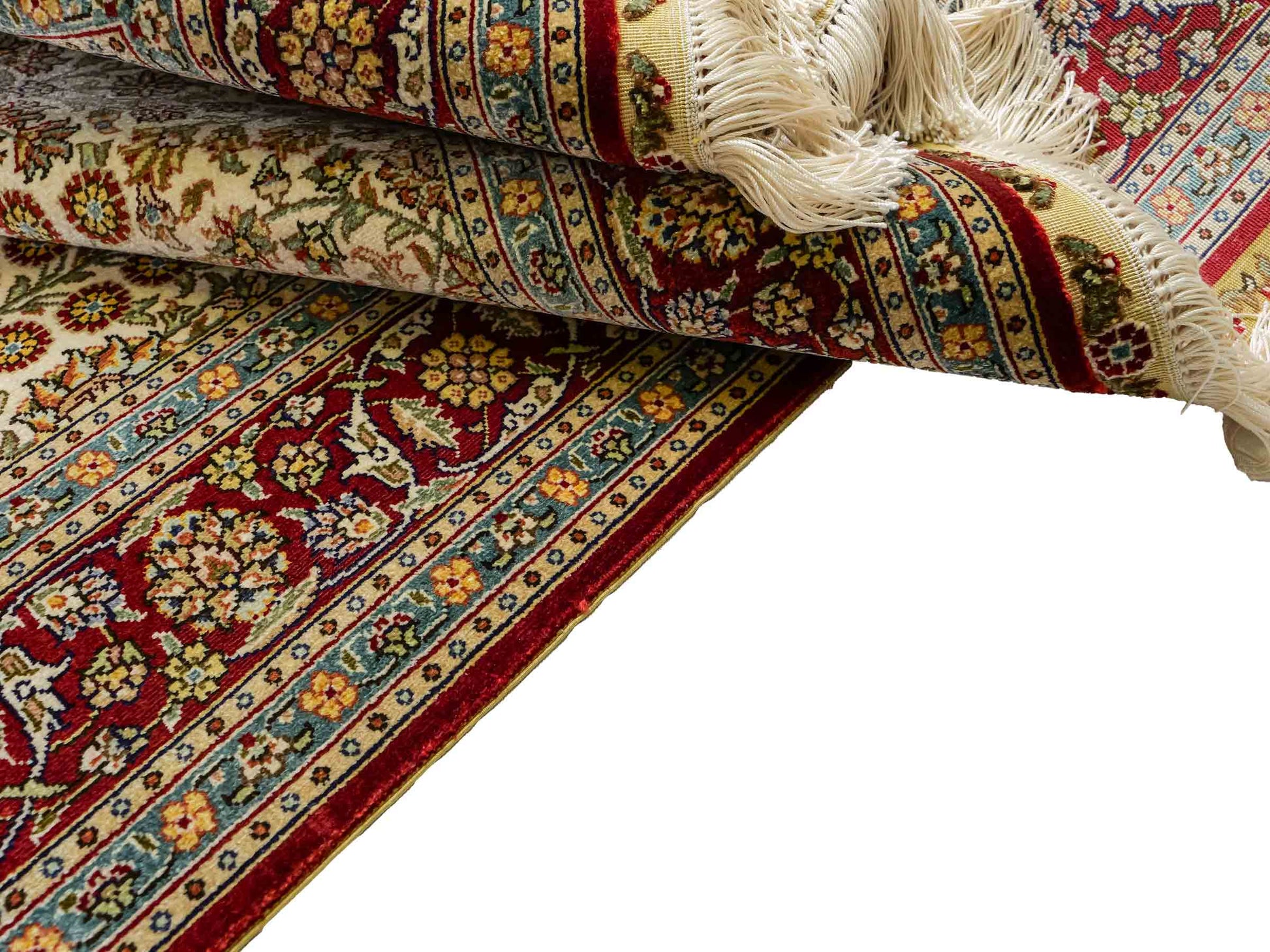 Sehr feiner, handgeknüpfter Khademi Orientteppich mit Hereke Design aus Seide, creme, rot. 154x94 cm. Vertrieb durch Jupiter Intl.