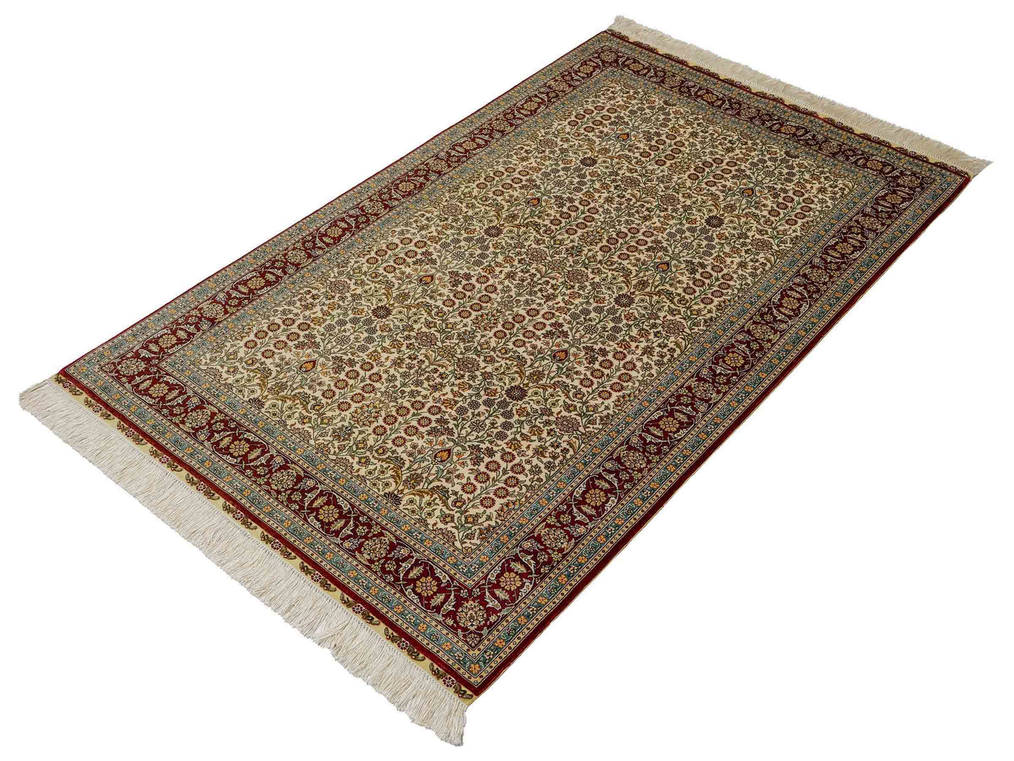 Sehr feiner, handgeknüpfter Khademi Orientteppich mit Hereke Design aus Seide, creme, rot. 154x94 cm. Vertrieb durch Jupiter Intl.