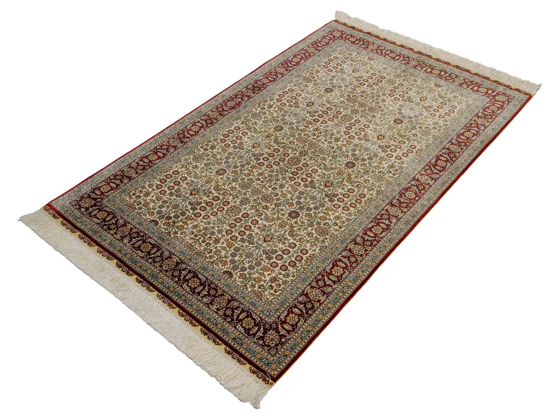 Sehr feiner, handgeknüpfter Khademi Orientteppich mit Hereke Design aus Seide, creme, rot. 154x94 cm. Vertrieb durch Jupiter Intl.