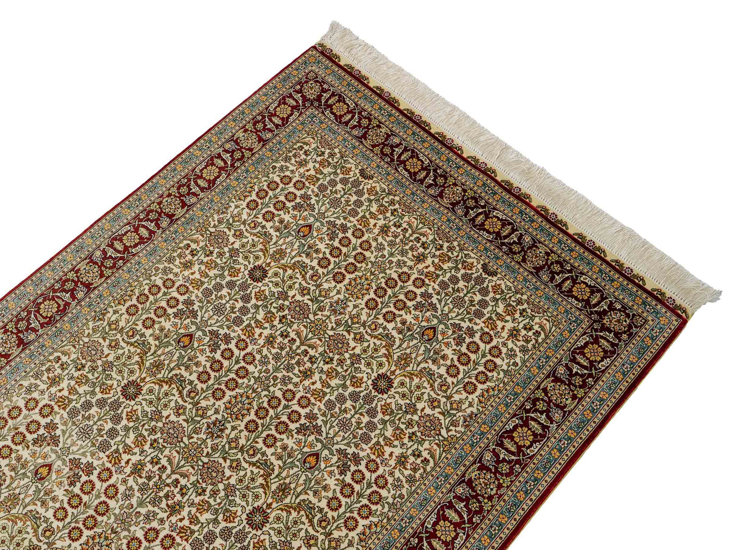Sehr feiner, handgeknüpfter Khademi Orientteppich mit Hereke Design aus Seide, creme, rot. 154x94 cm. Vertrieb durch Jupiter Intl.