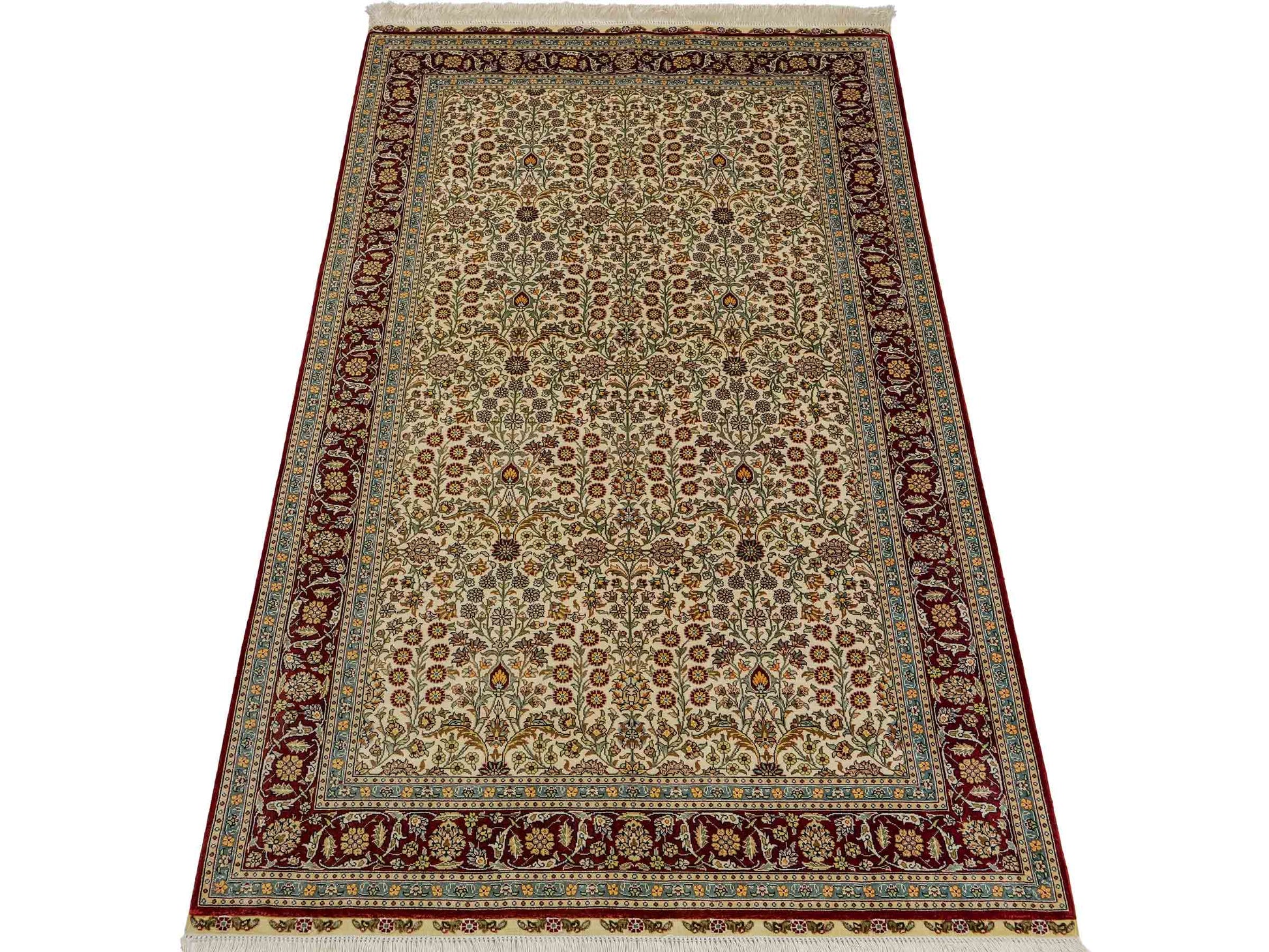 Sehr feiner, handgeknüpfter Khademi Orientteppich mit Hereke Design aus Seide, creme, rot. 154x94 cm. Vertrieb durch Jupiter Intl.