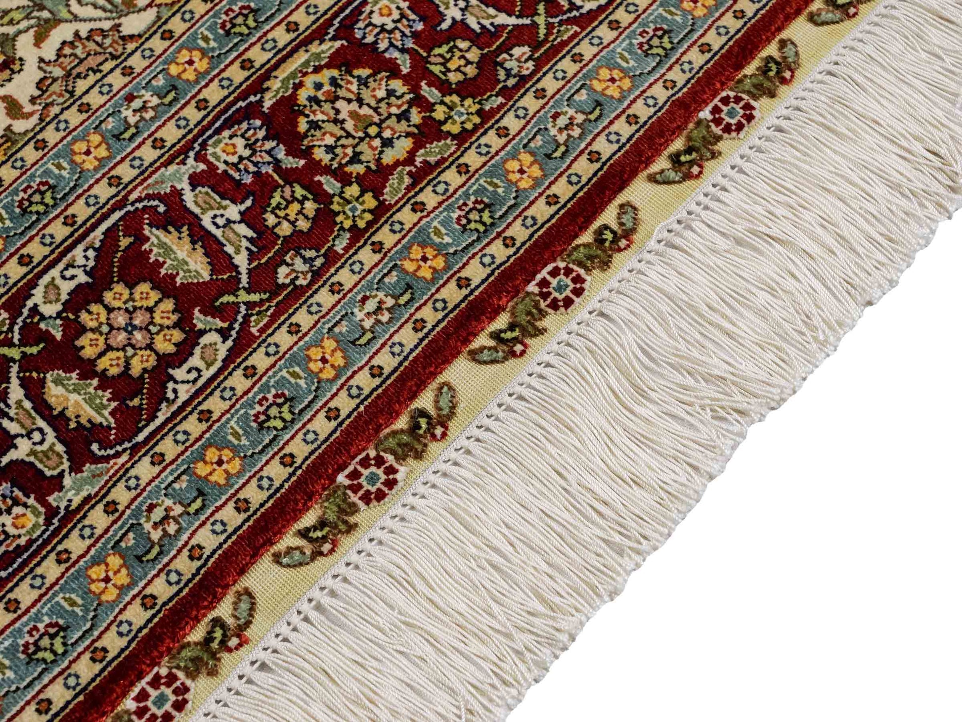 Sehr feiner, handgeknüpfter Khademi Orientteppich mit Hereke Design aus Seide, creme, rot. 154x94 cm. Vertrieb durch Jupiter Intl.