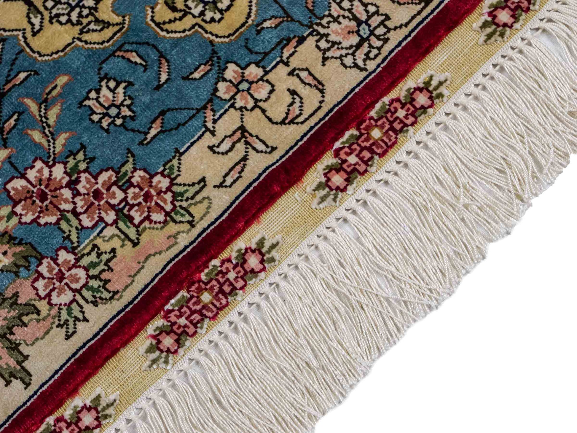 Sehr feiner, handgeknüpfter Khademi Orientteppich mit Hereke Design aus reiner Seide, rot, blau, creme. 154x94 cm. Vertrieb durch Jupiter Intl.