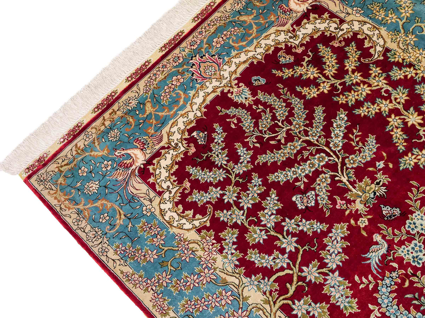 Sehr feiner, handgeknüpfter Khademi Orientteppich mit Hereke Design aus reiner Seide, rot, blau, creme. 154x94 cm. Vertrieb durch Jupiter Intl.