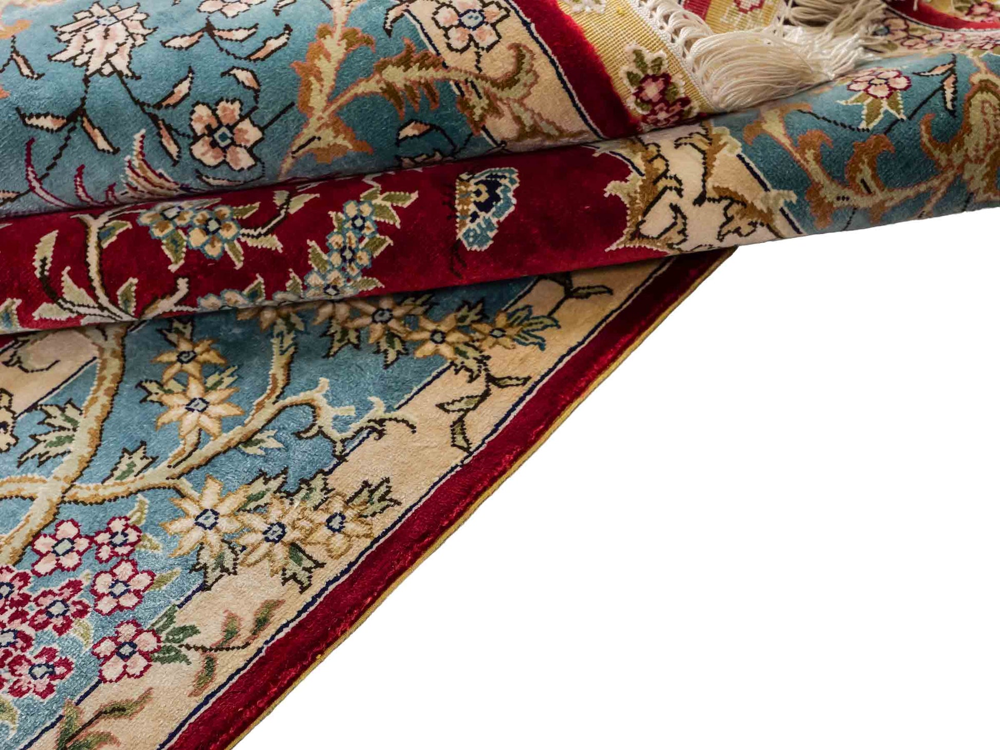 Sehr feiner, handgeknüpfter Khademi Orientteppich mit Hereke Design aus reiner Seide, rot, blau, creme. 154x94 cm. Vertrieb durch Jupiter Intl.