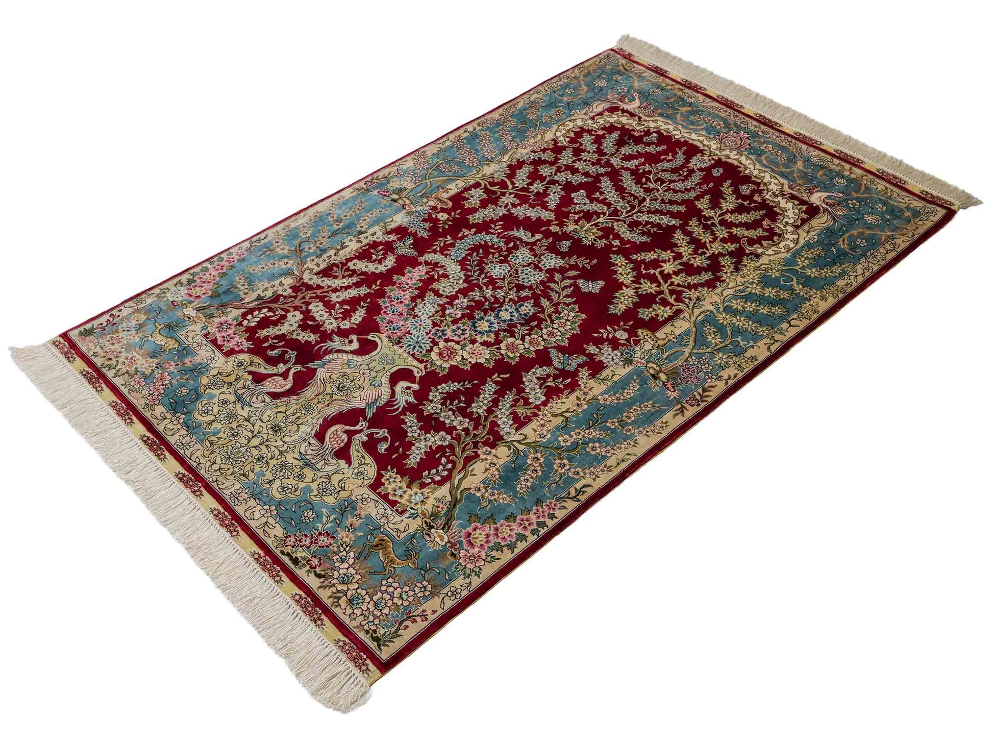 Sehr feiner, handgeknüpfter Khademi Orientteppich mit Hereke Design aus reiner Seide, rot, blau, creme. 154x94 cm. Vertrieb durch Jupiter Intl.