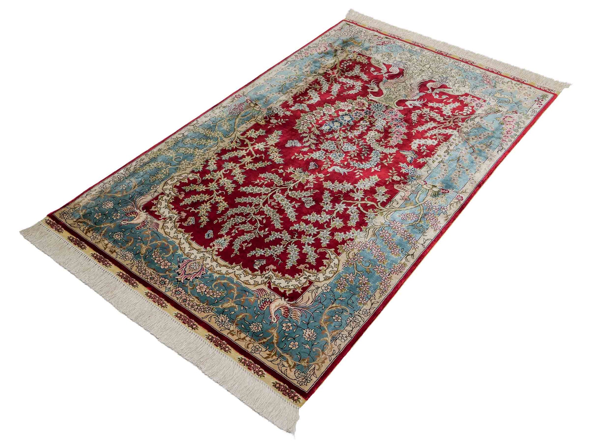 Sehr feiner, handgeknüpfter Khademi Orientteppich mit Hereke Design aus reiner Seide, rot, blau, creme. 154x94 cm. Vertrieb durch Jupiter Intl.