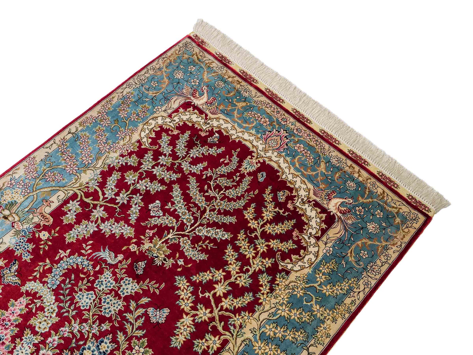 Sehr feiner, handgeknüpfter Khademi Orientteppich mit Hereke Design aus reiner Seide, rot, blau, creme. 154x94 cm. Vertrieb durch Jupiter Intl.