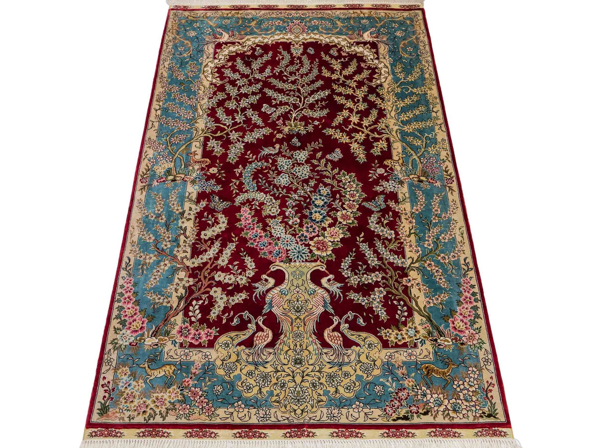 Sehr feiner, handgeknüpfter Khademi Orientteppich mit Hereke Design aus reiner Seide, rot, blau, creme. 154x94 cm. Vertrieb durch Jupiter Intl.