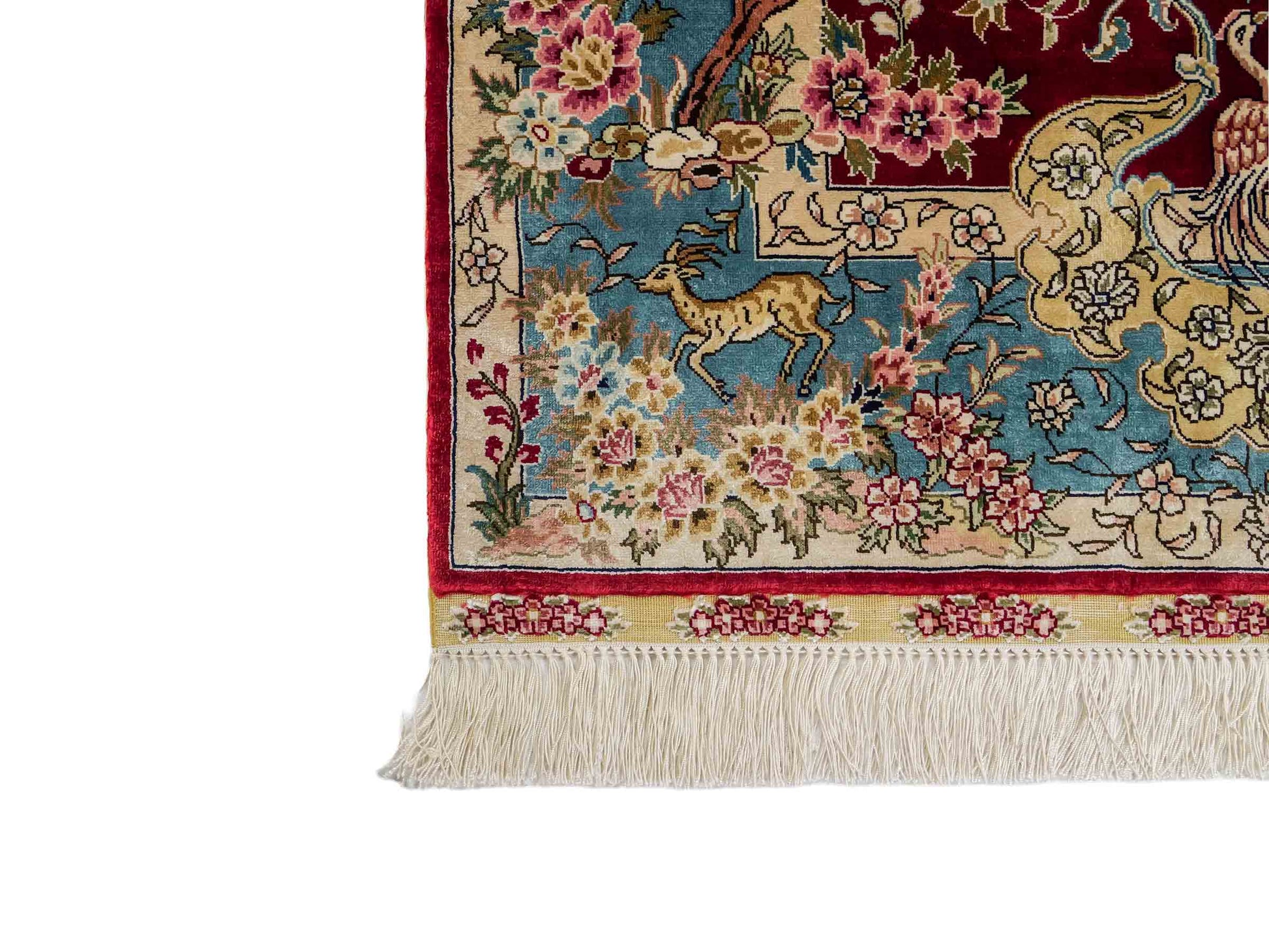 Sehr feiner, handgeknüpfter Khademi Orientteppich mit Hereke Design aus reiner Seide, rot, blau, creme. 154x94 cm. Vertrieb durch Jupiter Intl.