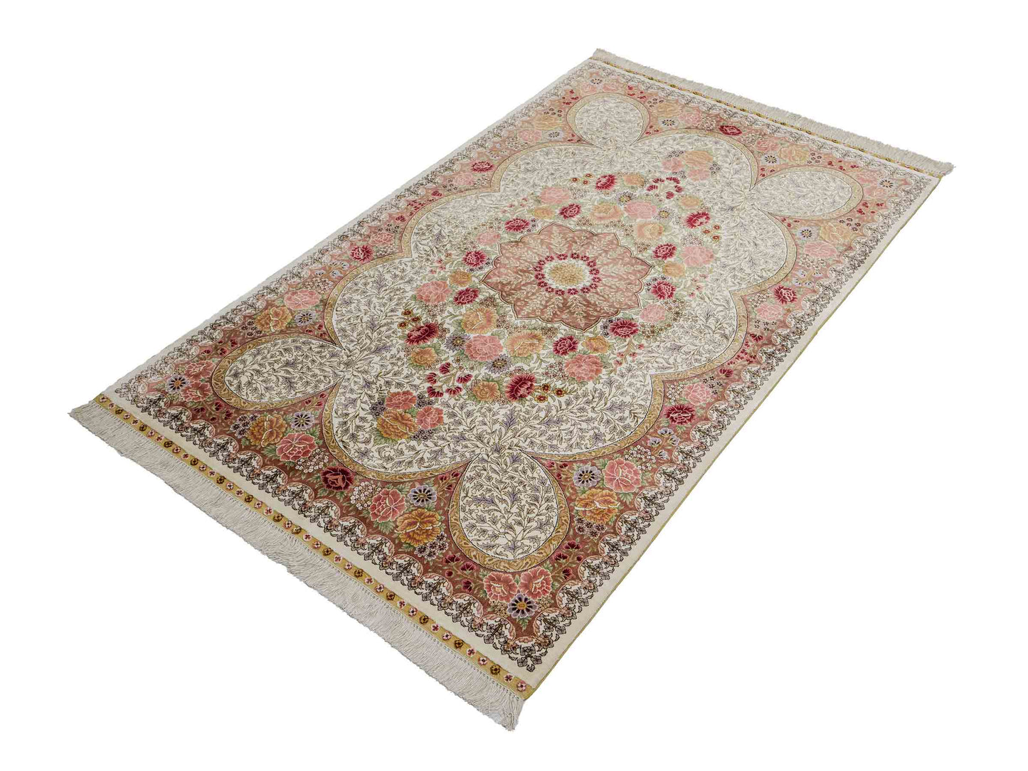 Sehr feiner, handgeknüpfter Khademi Hereke Orientteppich aus Seide, creme. 155x94 cm. Vertrieb durch Jupiter Intl.