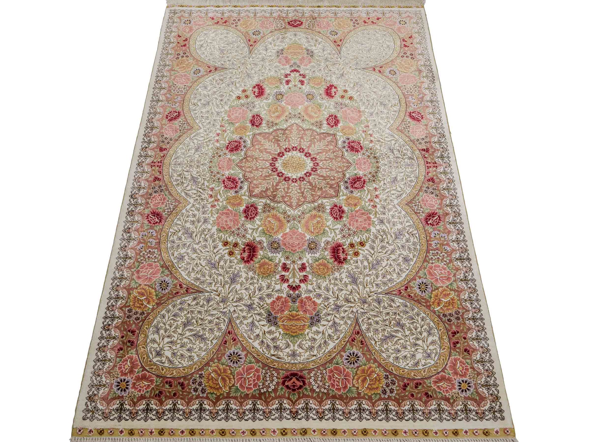 Sehr feiner, handgeknüpfter Khademi Hereke Orientteppich aus Seide, creme. 155x94 cm. Vertrieb durch Jupiter Intl.