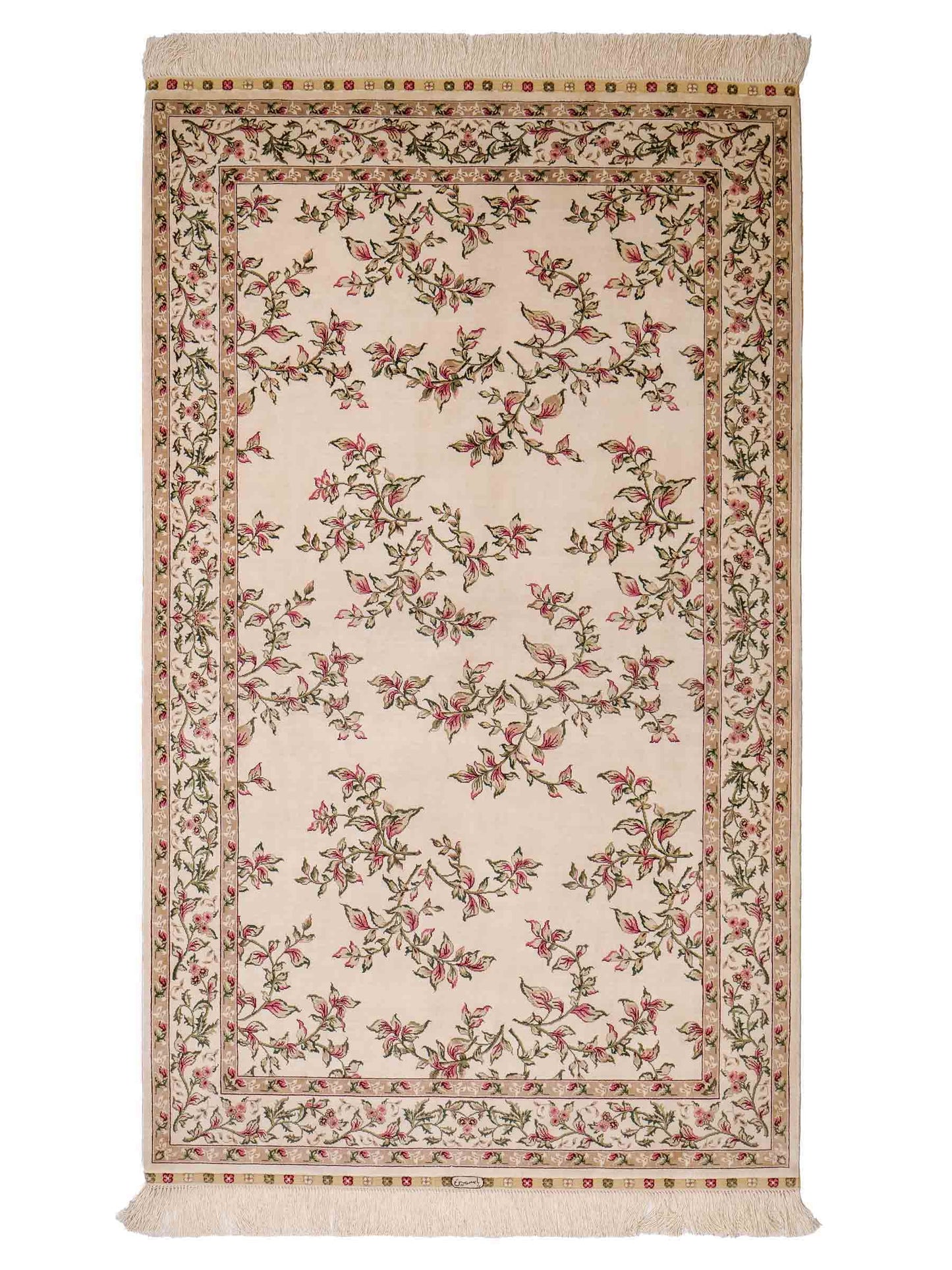Sehr feiner, handgeknüpfter Khademi Hereke Orientteppich aus Seide, weiß, creme. 155x94 cm. Vertrieb durch Jupiter Intl.