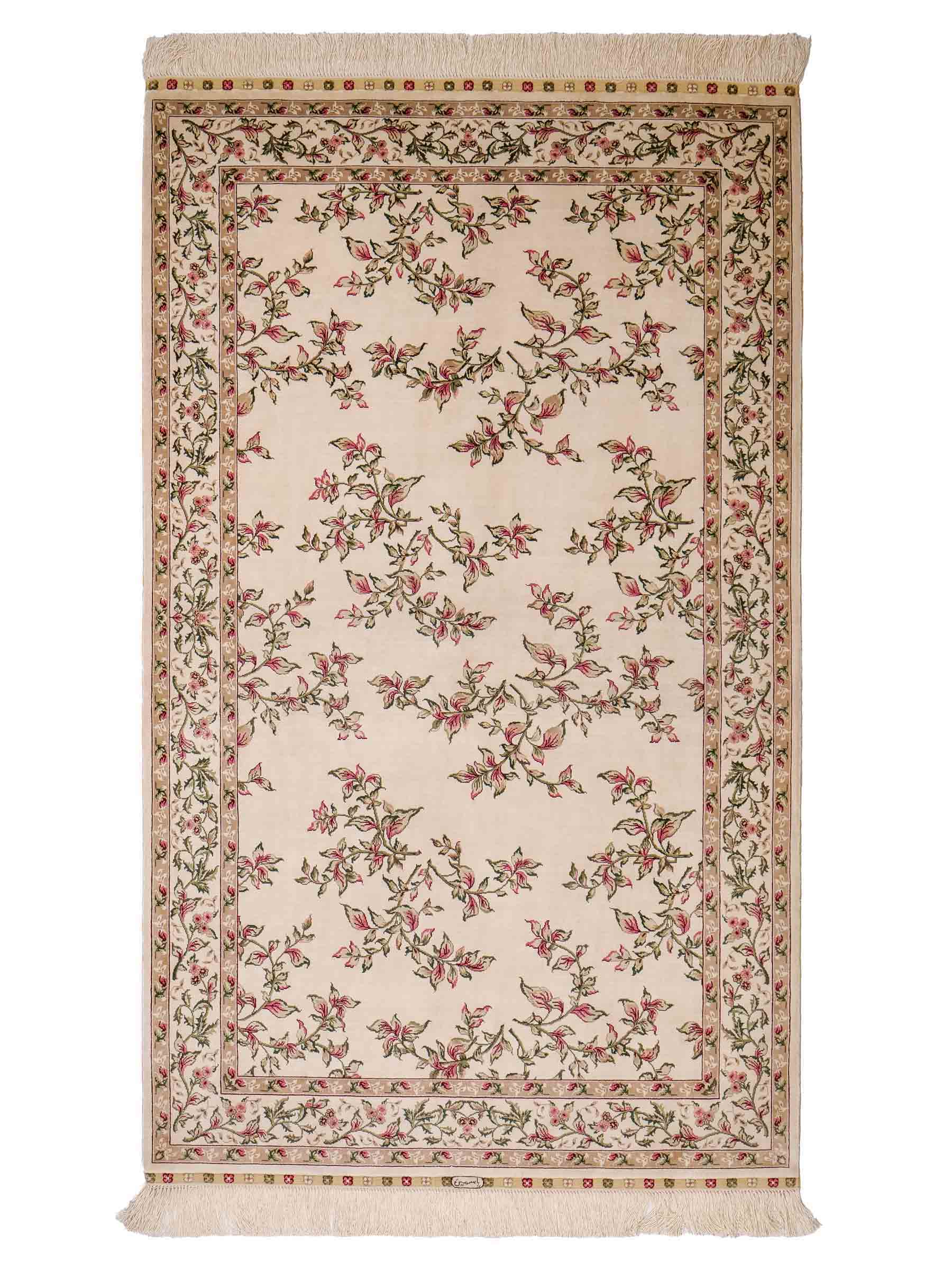 Sehr feiner, handgeknüpfter Khademi Hereke Orientteppich aus Seide, weiß, creme. 155x94 cm. Vertrieb durch Jupiter Intl.