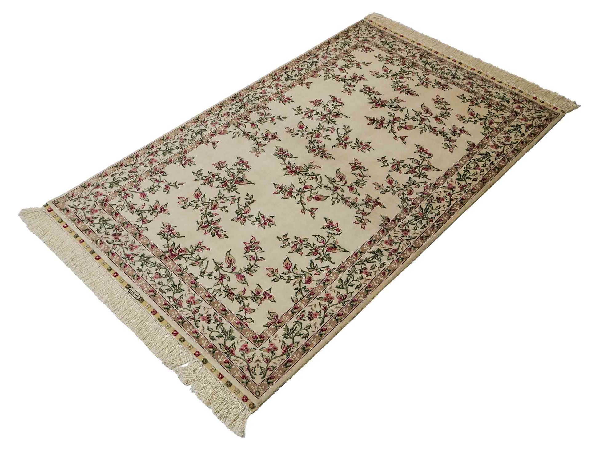 Sehr feiner, handgeknüpfter Khademi Hereke Orientteppich aus Seide, weiß, creme. 155x94 cm. Vertrieb durch Jupiter Intl.