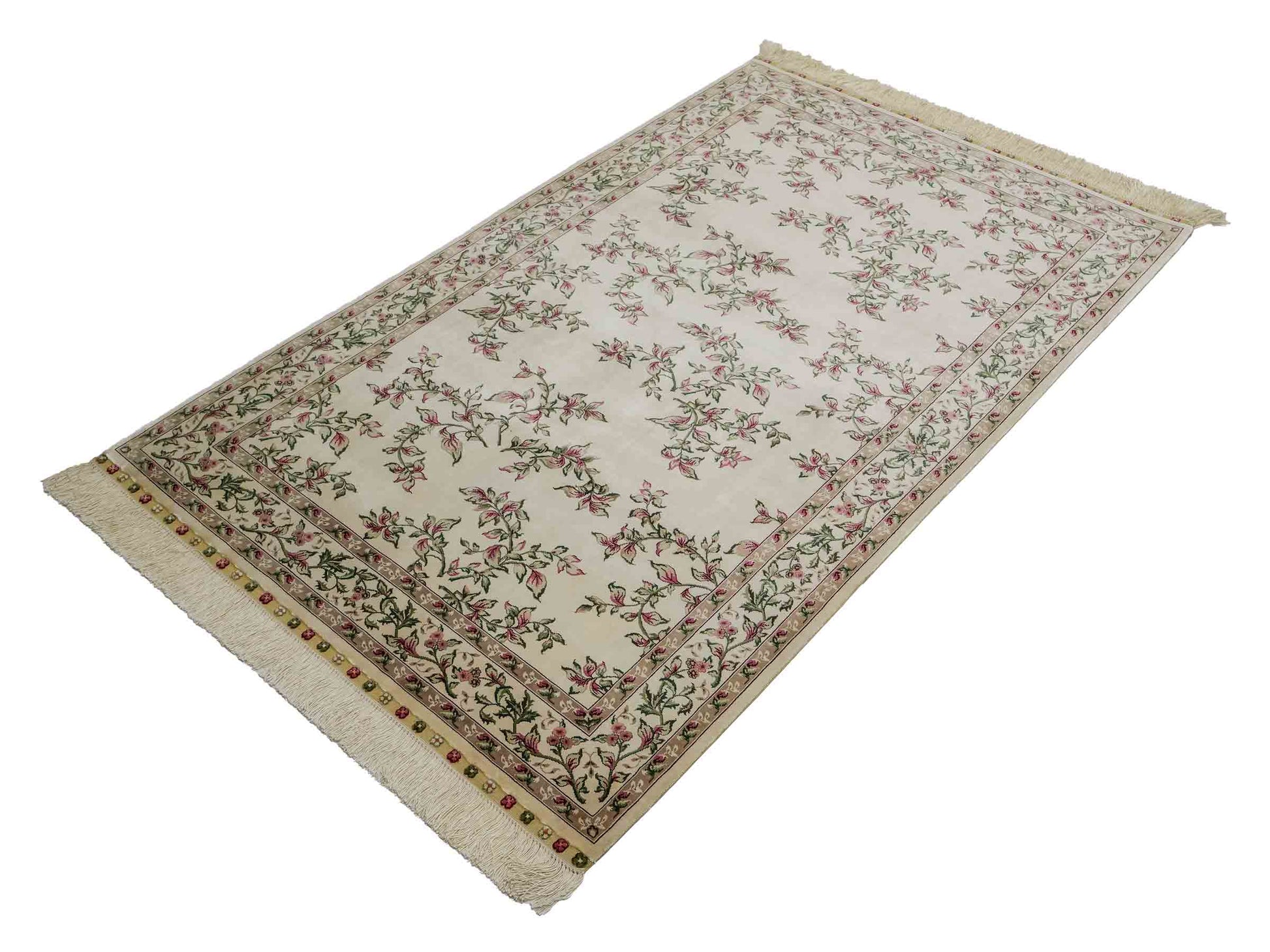 Sehr feiner, handgeknüpfter Khademi Hereke Orientteppich aus Seide, weiß, creme. 155x94 cm. Vertrieb durch Jupiter Intl.