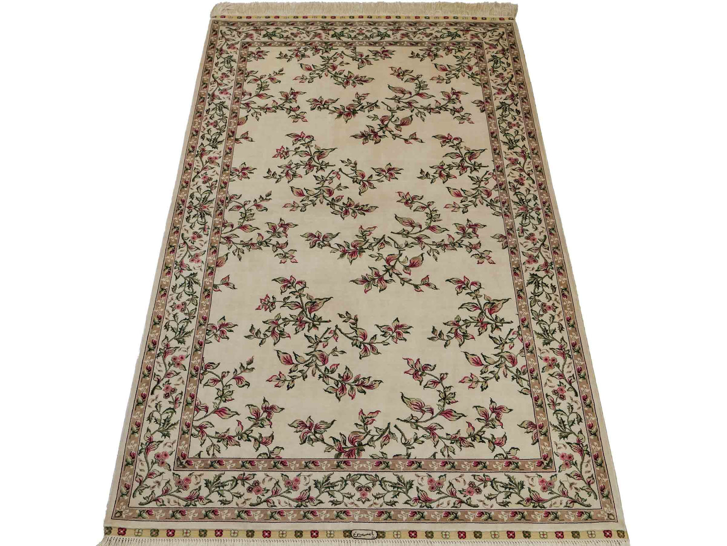 Sehr feiner, handgeknüpfter Khademi Hereke Orientteppich aus Seide, weiß, creme. 155x94 cm. Vertrieb durch Jupiter Intl.