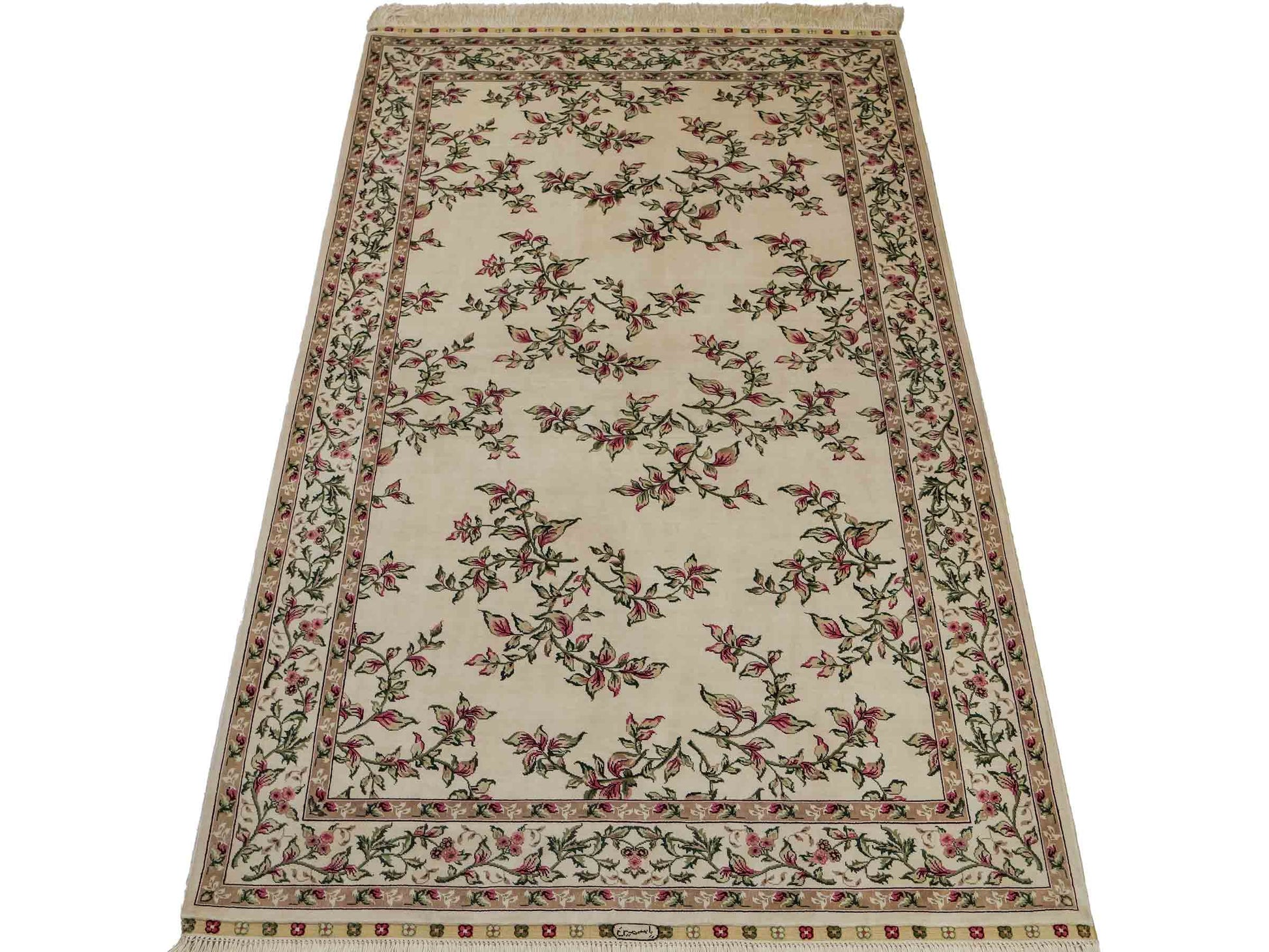 Sehr feiner, handgeknüpfter Khademi Hereke Orientteppich aus Seide, weiß, creme. 155x94 cm. Vertrieb durch Jupiter Intl.