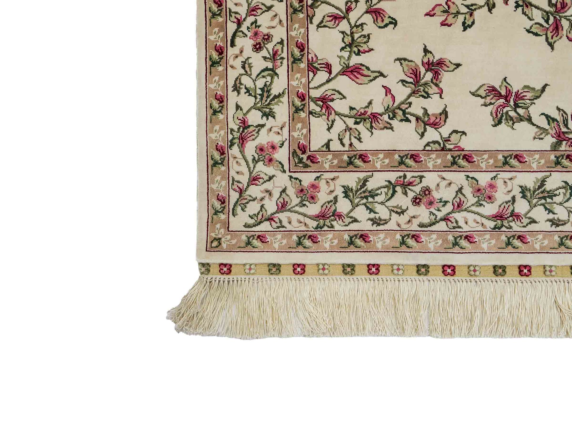 Sehr feiner, handgeknüpfter Khademi Hereke Orientteppich aus Seide, weiß, creme. 155x94 cm. Vertrieb durch Jupiter Intl.