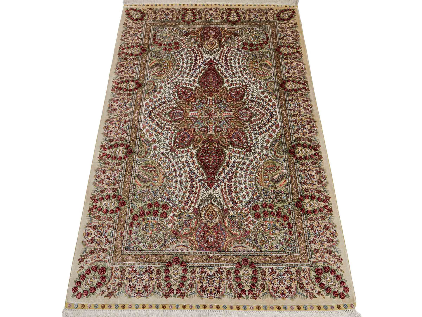 Sehr feiner, handgeknüpfter Khademi Hereke Orientteppich aus Seide, creme. 156x94 cm. Vertrieb durch Jupiter Intl.