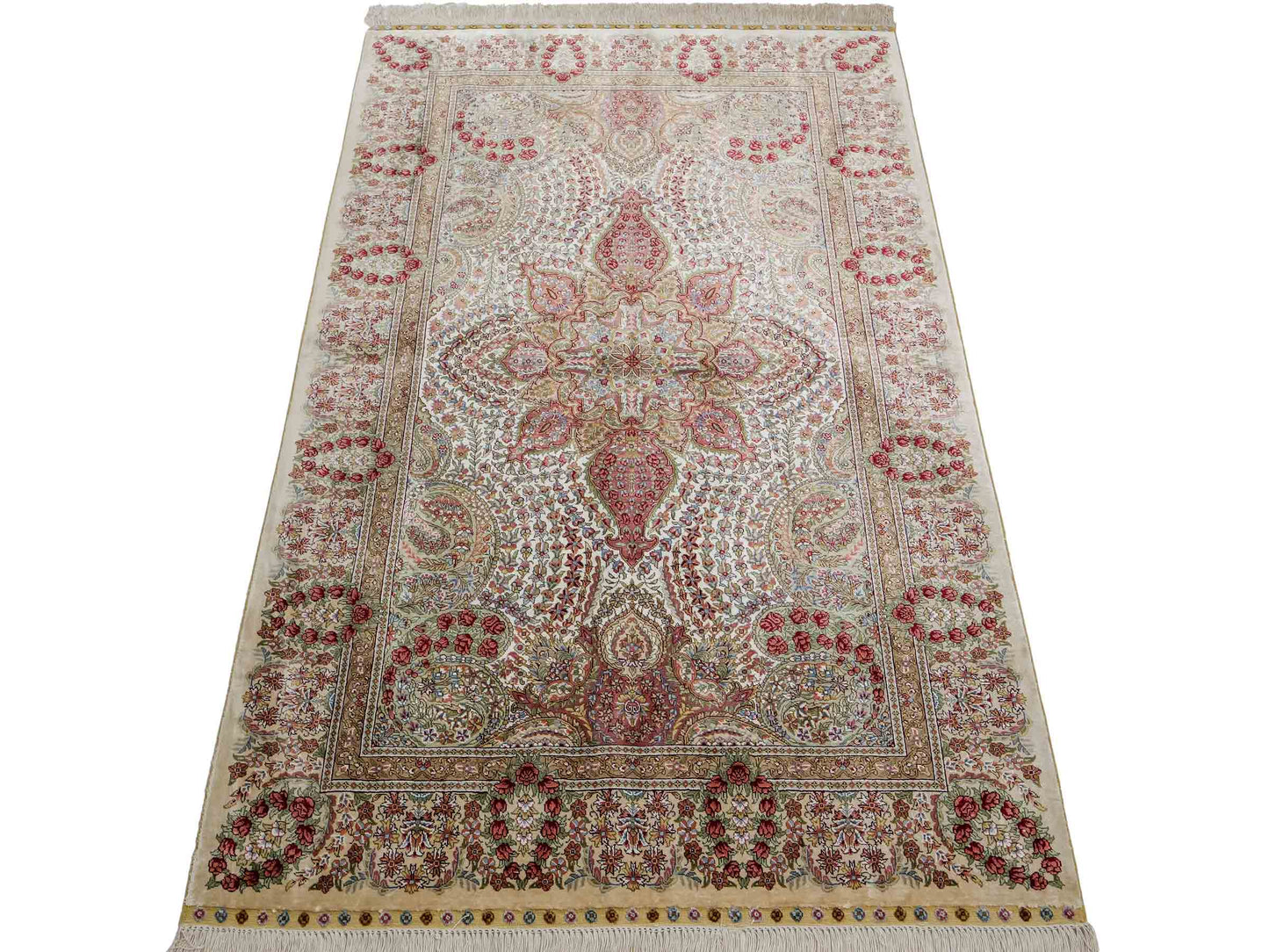 Sehr feiner, handgeknüpfter Khademi Hereke Orientteppich aus Seide, creme. 156x94 cm. Vertrieb durch Jupiter Intl.