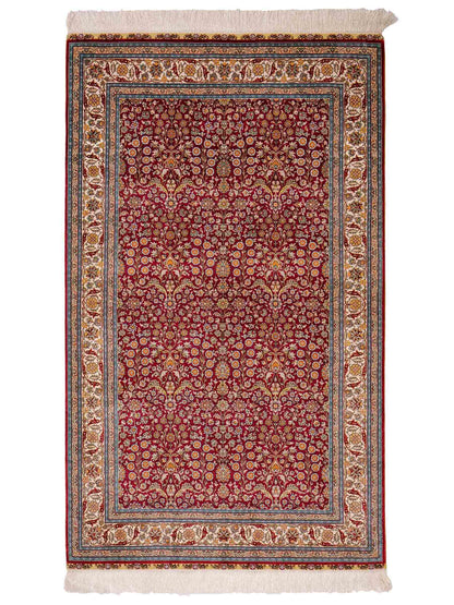 Sehr feiner, handgeknüpfter Khademi Hereke Orientteppich aus Seide, rot. 156x94 cm. Vertrieb durch Jupiter Intl.