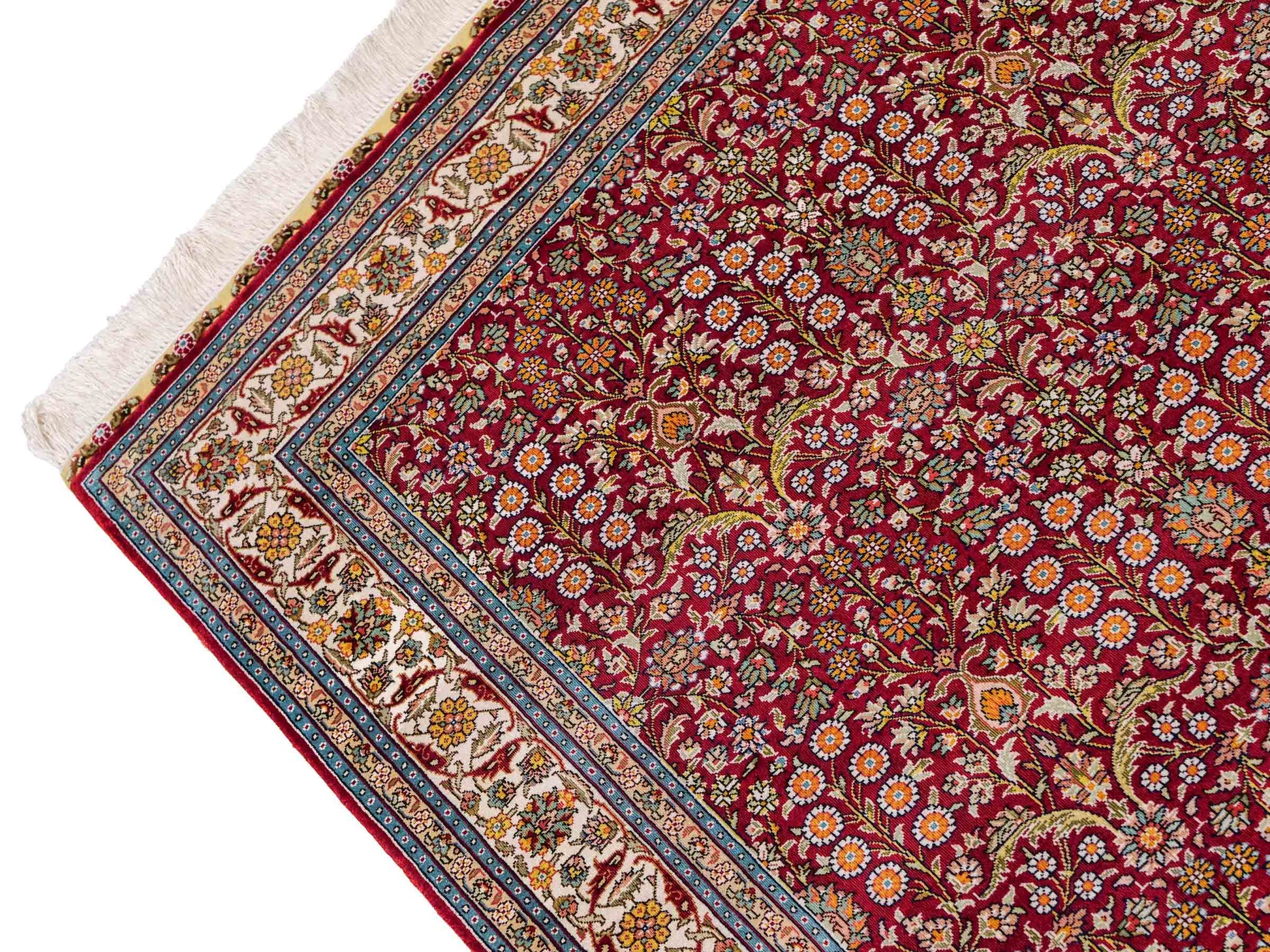 Sehr feiner, handgeknüpfter Khademi Hereke Orientteppich aus Seide, rot. 156x94 cm. Vertrieb durch Jupiter Intl.
