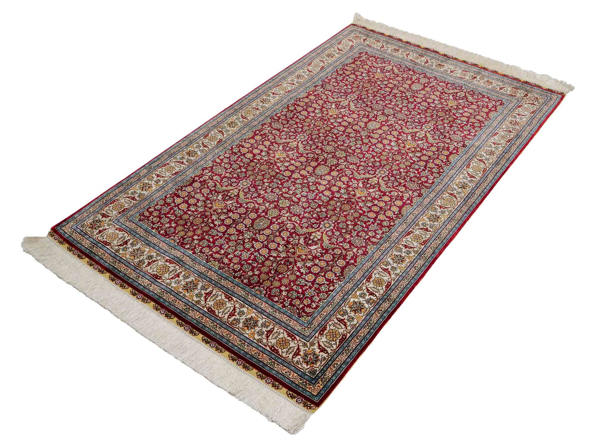 Sehr feiner, handgeknüpfter Khademi Hereke Orientteppich aus Seide, rot. 156x94 cm. Vertrieb durch Jupiter Intl.